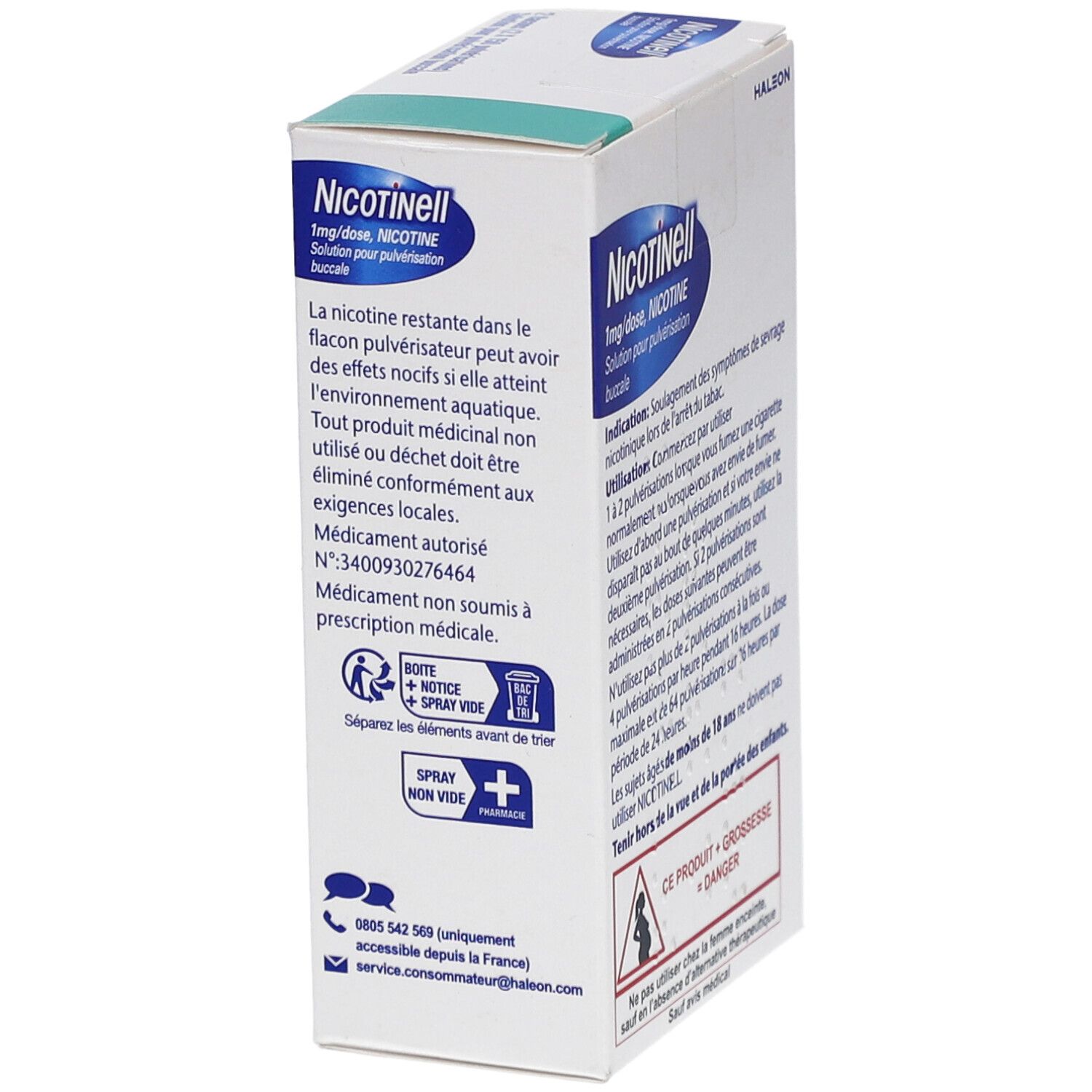 Boîte de Nicotinell Spray. Texte: consignes de recyclage, coordonnées. Logo: Boîte + notice + spray vide.