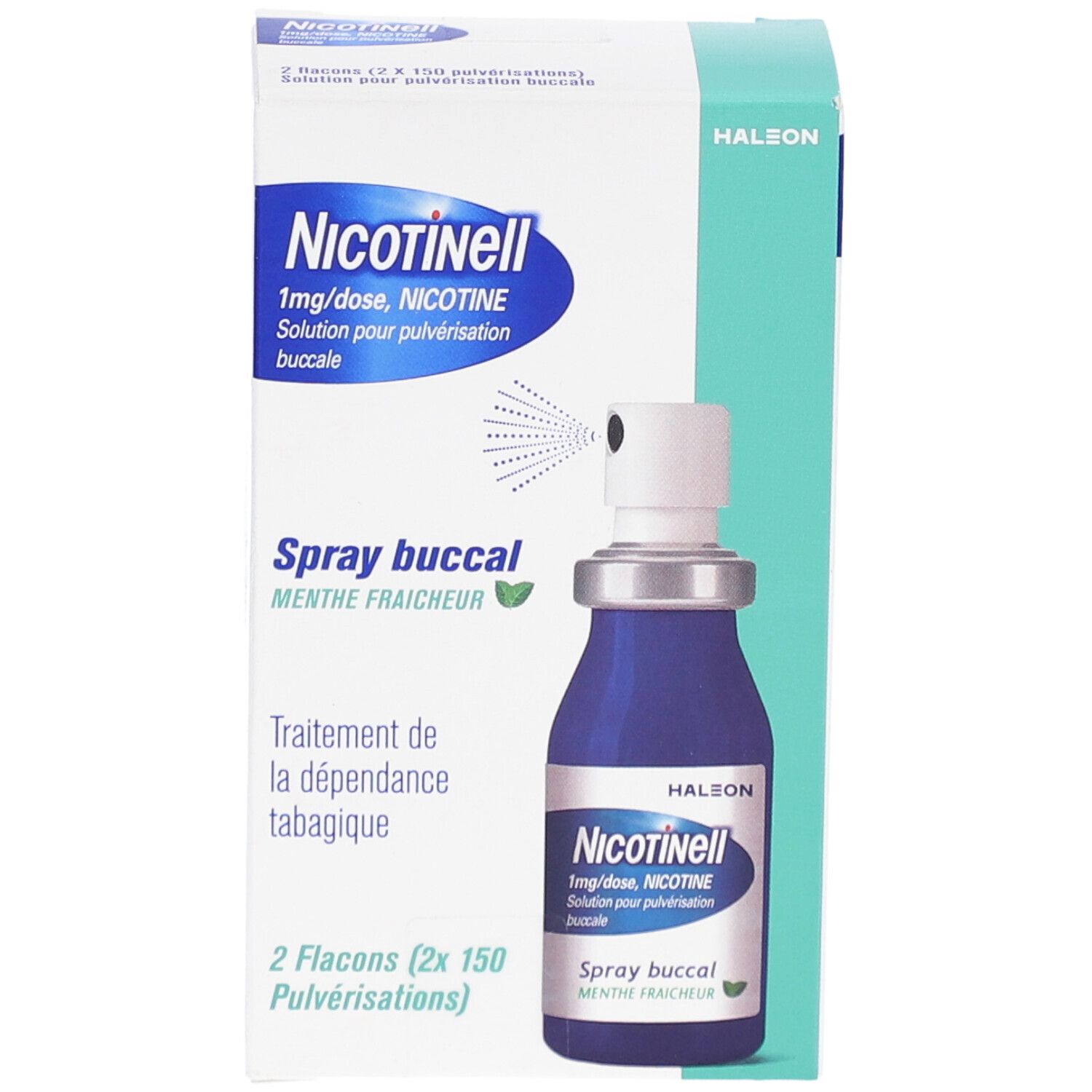 Boîte de Nicotinell Spray. Flacon bleu avec vaporisateur. Inscription: Spray buccal, Menthe Fraicheur. 2 Flacons (2x 150 Pulvérisations).