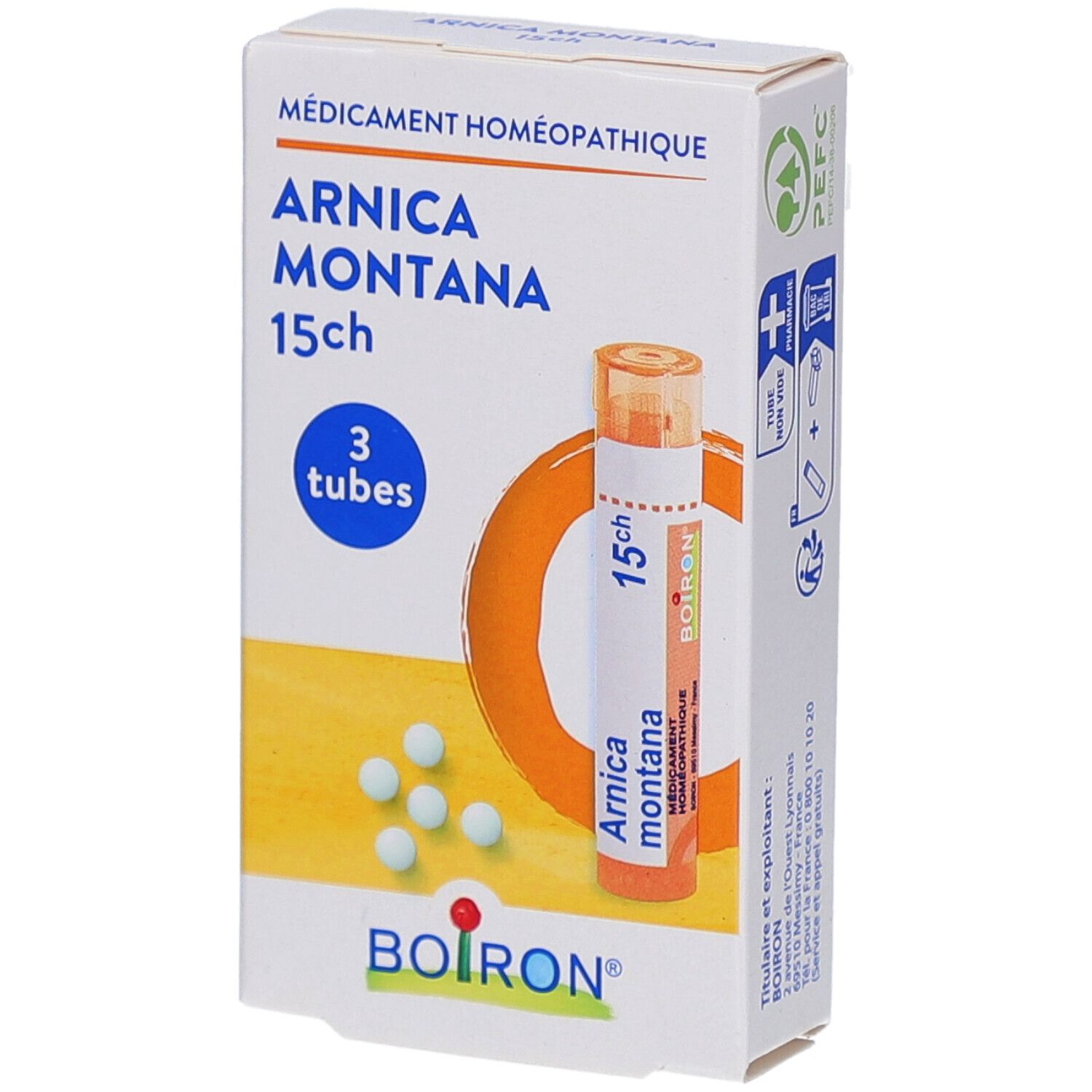Boîte ARNICA MONTANA 15ch, 3 tubes. Un tube et des globules. Logo BOIRON.