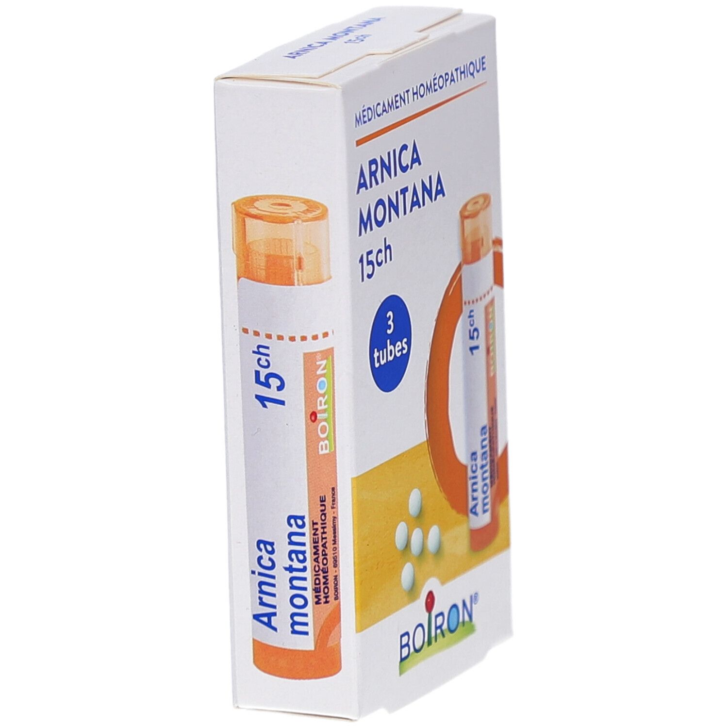 Boîte ARNICA MONTANA 15ch, 3 tubes. Un tube et des globules. Logo BOIRON. Vue en perspective.