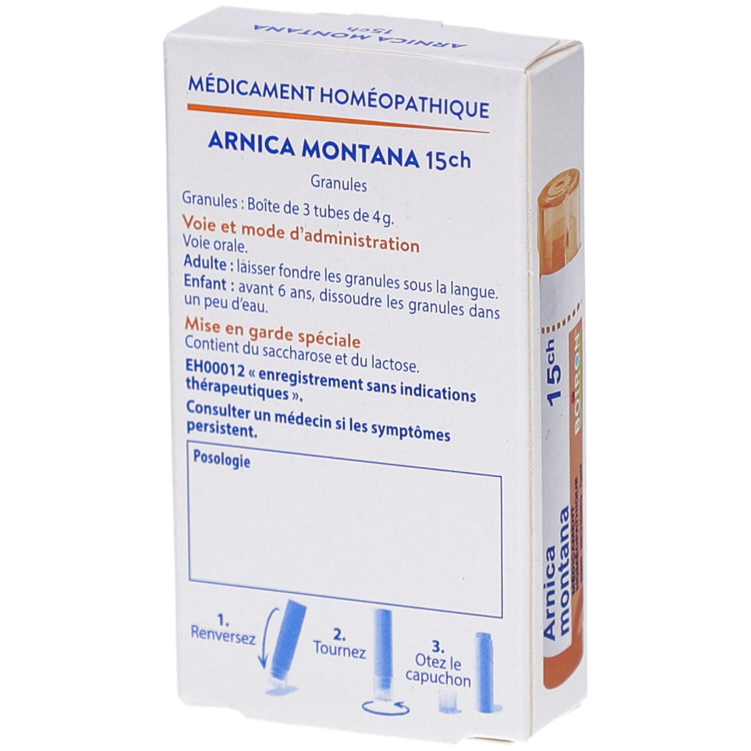Dos de la boîte ARNICA MONTANA 15ch. Informations textuelles, instructions et logo BOIRON.