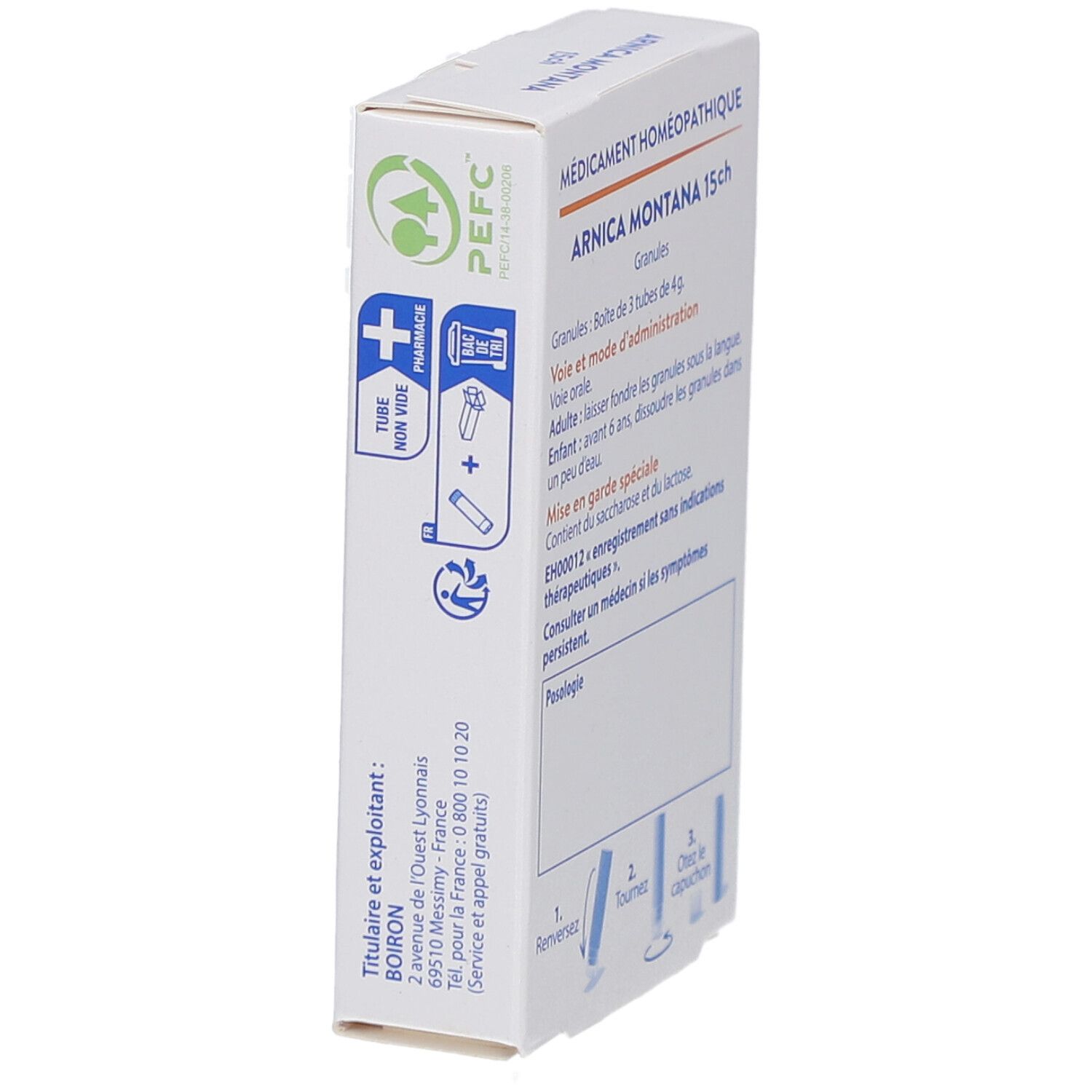 Boîte ARNICA MONTANA 15ch, dos. Texte, instructions, logo BOIRON et symboles de recyclage.