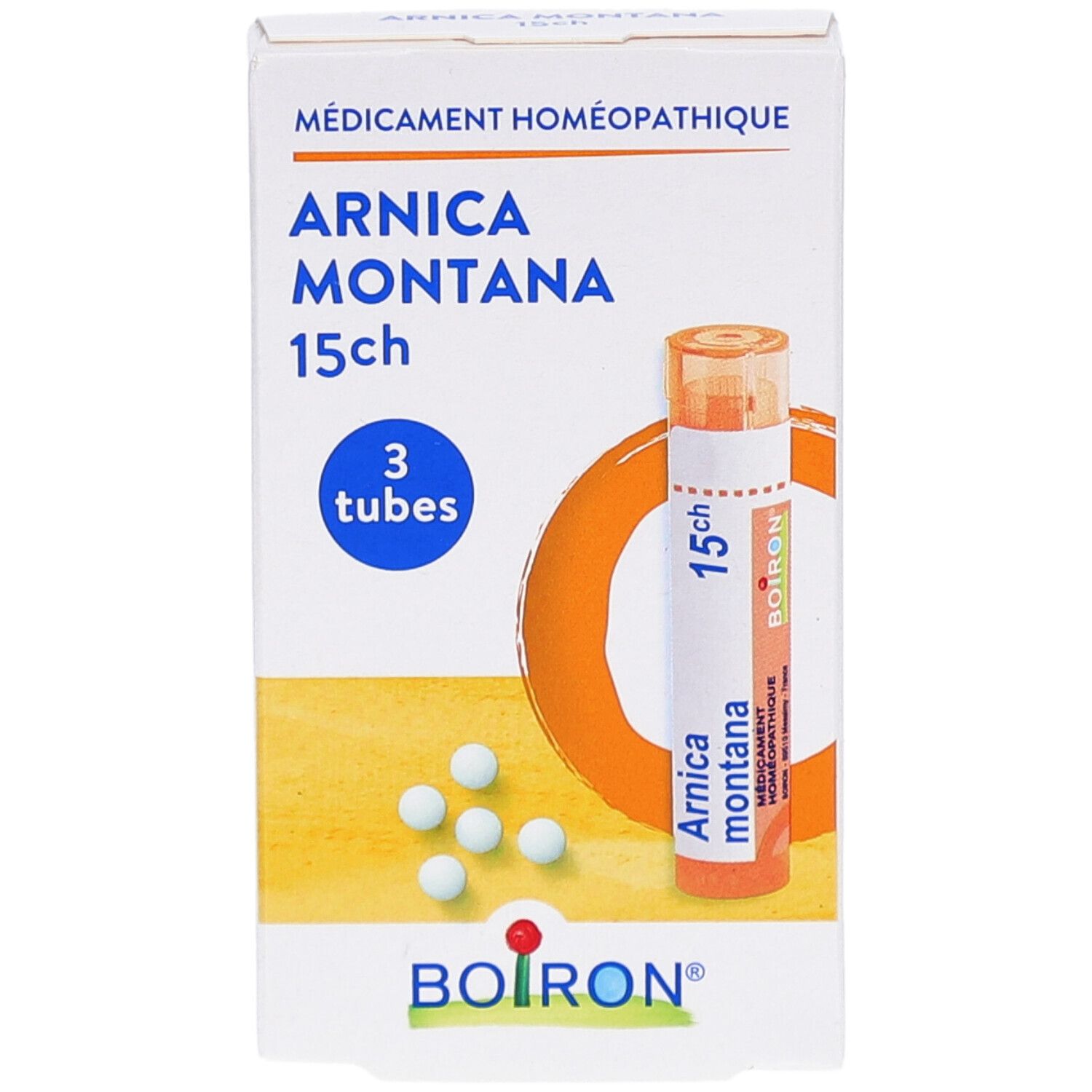 Boîte ARNICA MONTANA 15ch, 3 tubes. Un tube et des globules. Logo BOIRON. Vue de dessus.