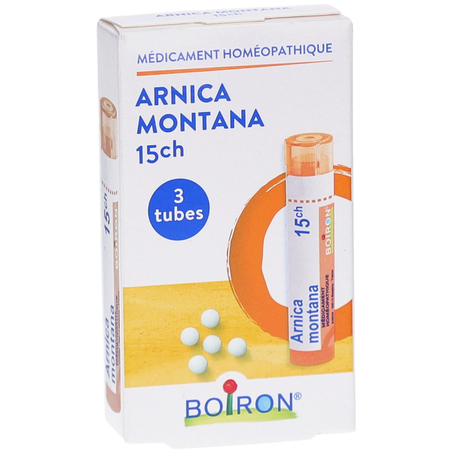 Boîte ARNICA MONTANA 15ch, 3 tubes. Un tube et des globules. Logo BOIRON. Gros plan.