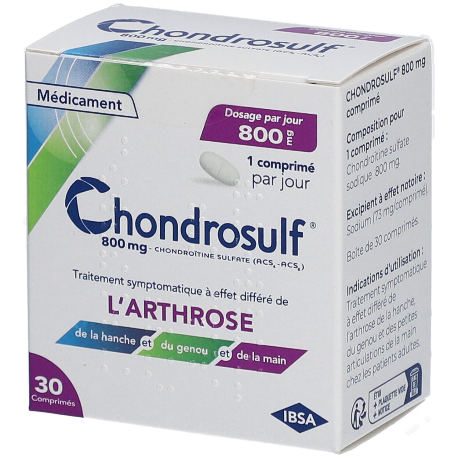 Boîte de comprimés Chondrosulf. Inscription: 800 mg, 30 comprimés. Contient du sulfate de chondroïtine. Traitement de l'arthrose.