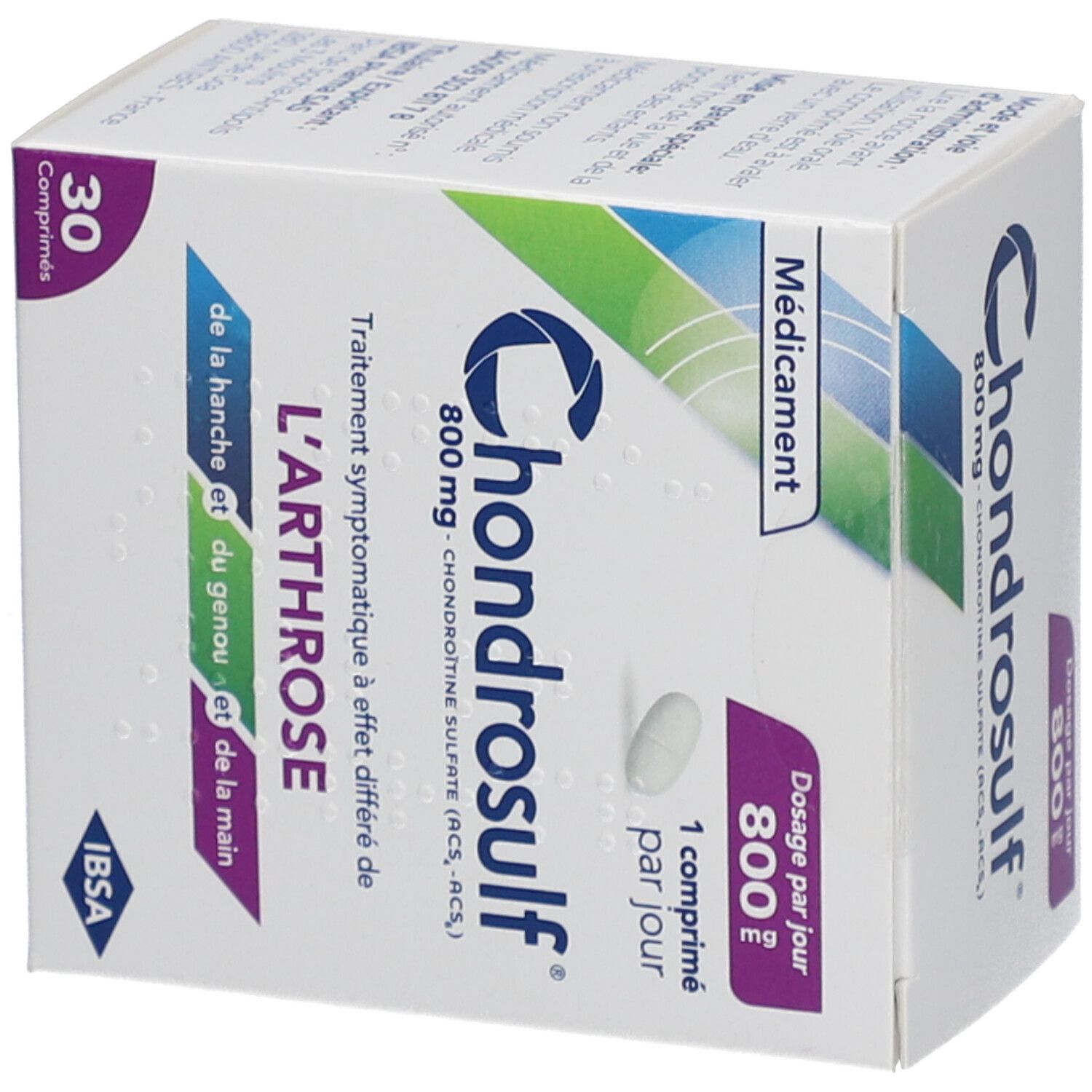 Boîte Chondrosulf. Inscription: 800 mg, 30 comprimés. Contient du sulfate de chondroïtine. Traitement de l'arthrose. Logo IBSA.