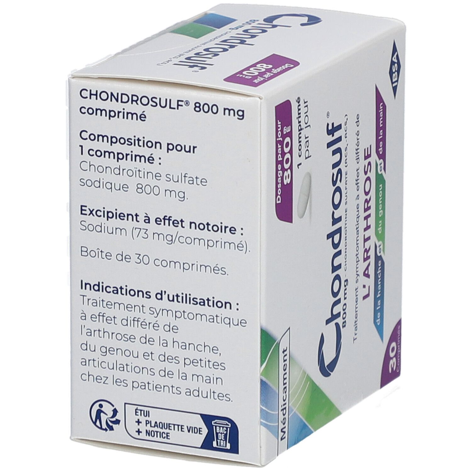 Boîte Chondrosulf, vue détaillée. Texte: 800 mg, 30 comprimés. Ingrédients, dosage. Traitement de l'arthrose. Logo IBSA.