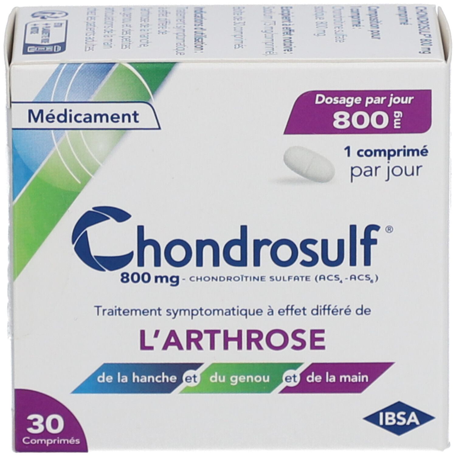 Boîte Chondrosulf. Inscription: 800 mg, 30 comprimés. Contient du sulfate de chondroïtine. Traitement de l'arthrose. Logo IBSA.