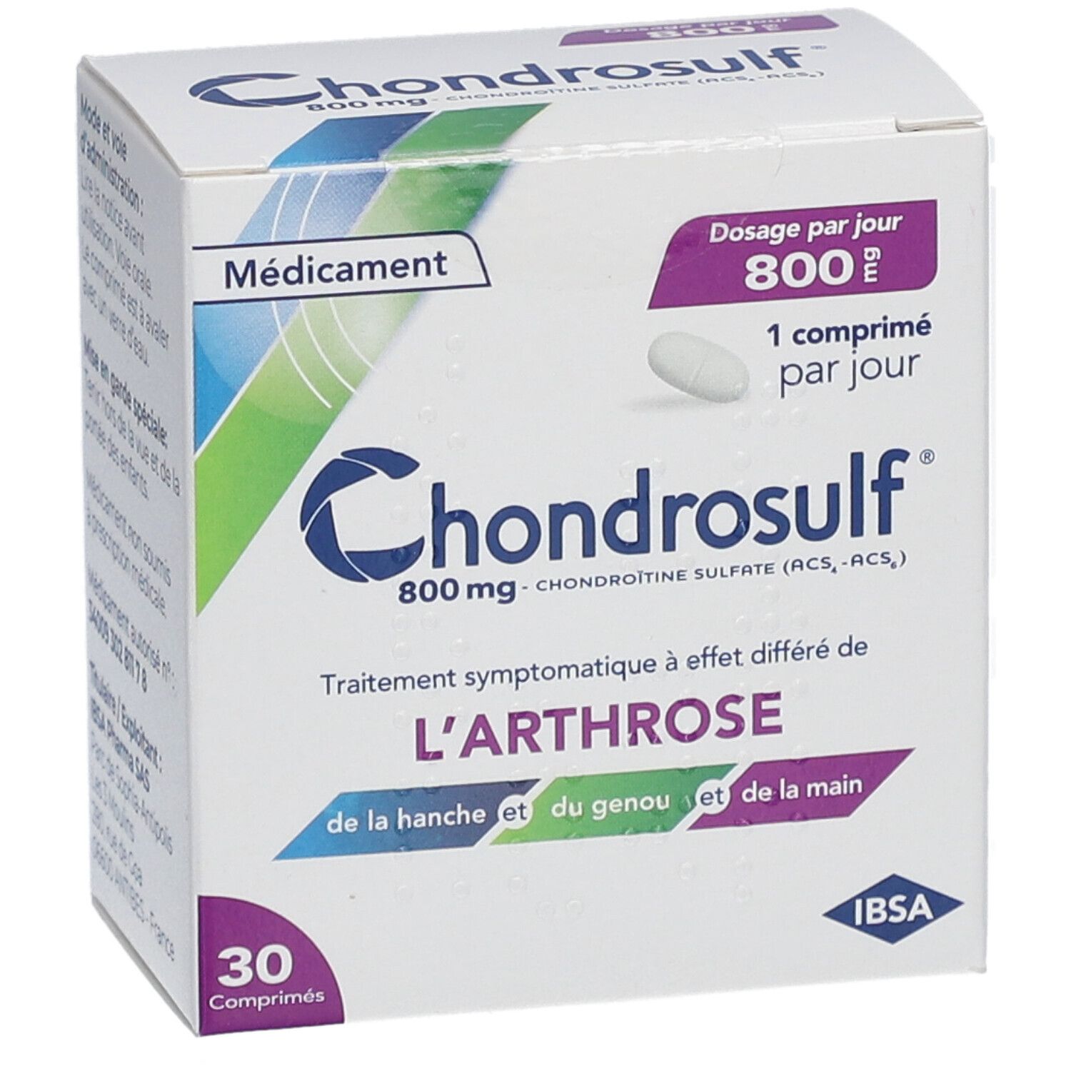 Boîte Chondrosulf. Inscription: 800 mg, 30 comprimés. Contient du sulfate de chondroïtine. Traitement de l'arthrose. Logo IBSA.