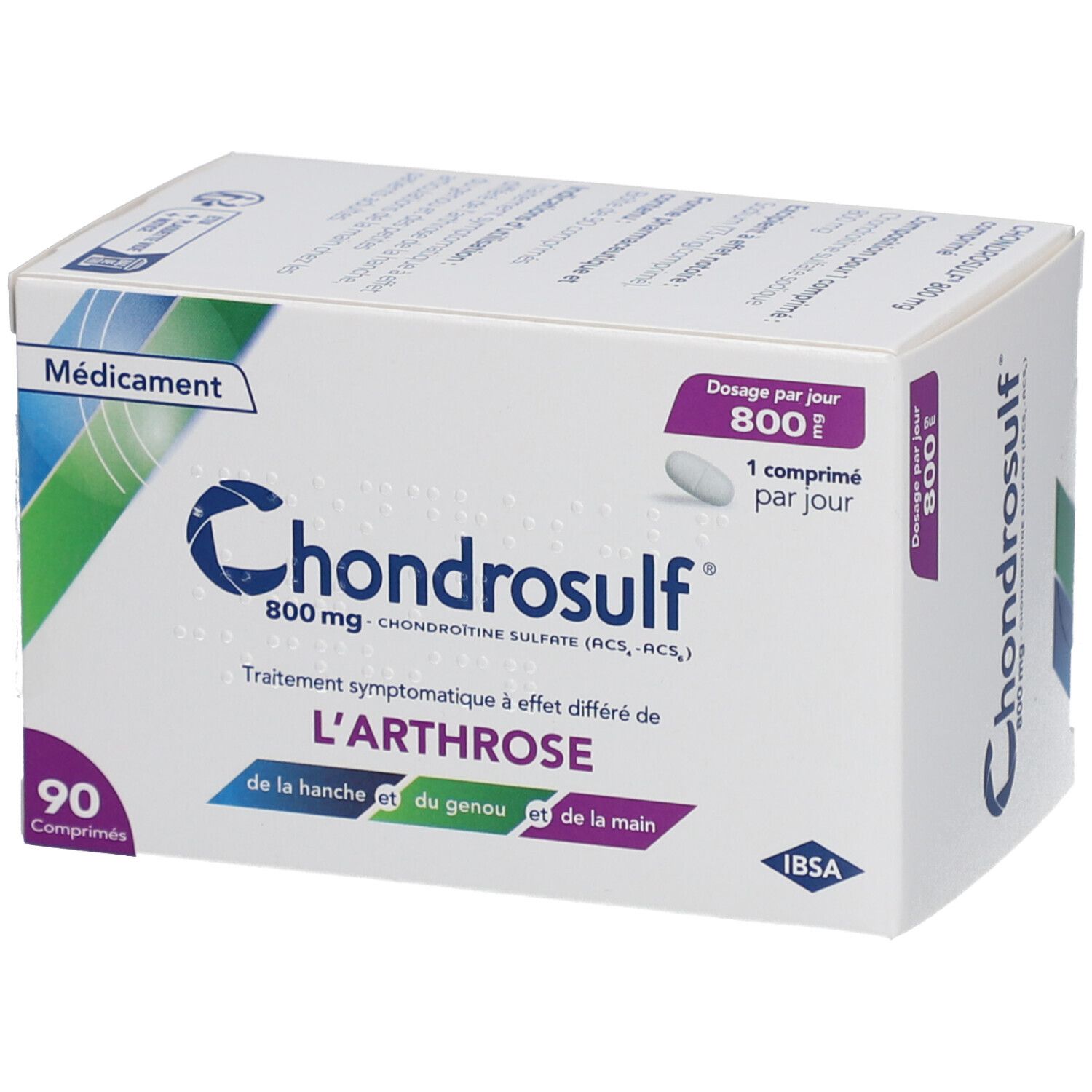 Boîte blanche Chondrosulf. 90 comprimés. Dosage: 1 comprimé par jour. Texte sur l'arthrose.
