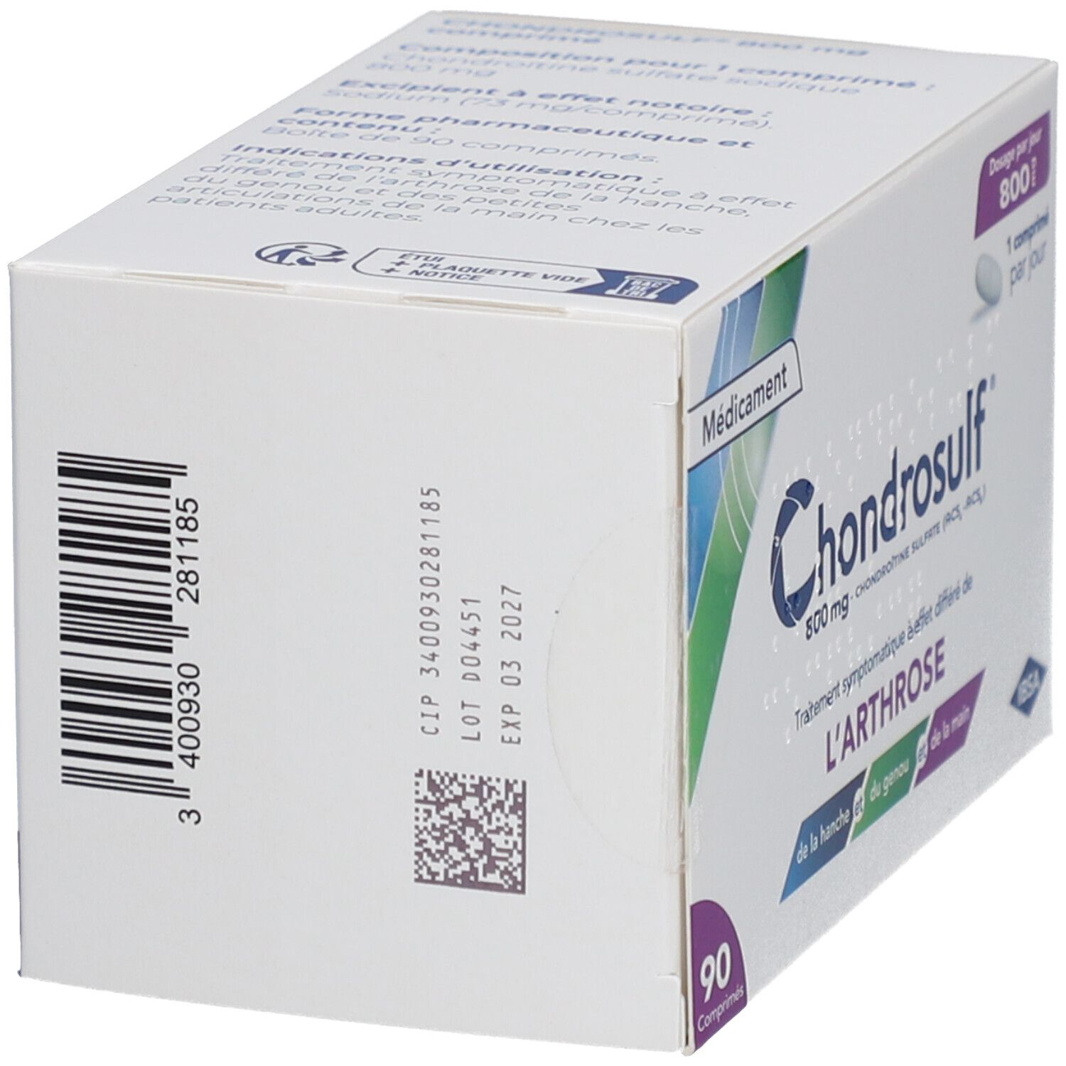 Boîte blanche avec code-barres et texte. Logo Chondrosulf. 90 comprimés. Date d'expiration: 03 2027.