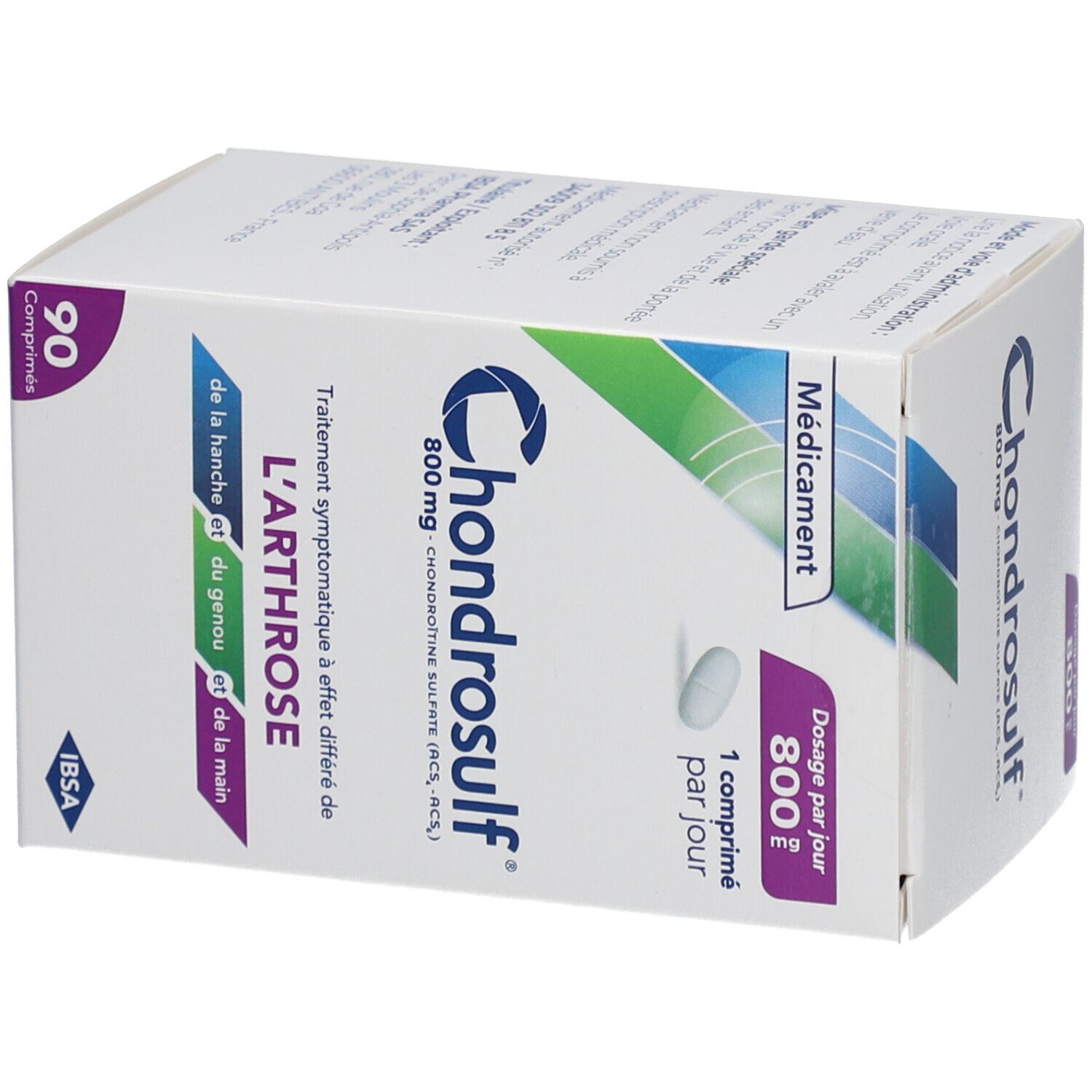 Boîte blanche Chondrosulf. 90 comprimés. Dosage: 1 comprimé par jour. Texte sur l'arthrose.