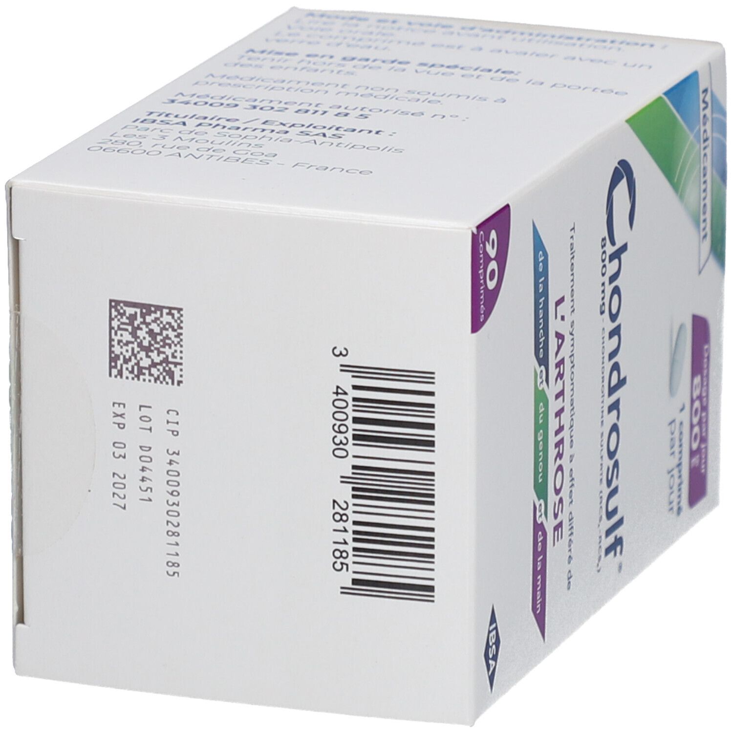 Boîte blanche avec code-barres et texte. Logo Chondrosulf. 90 comprimés. Date d'expiration: 03 2027.