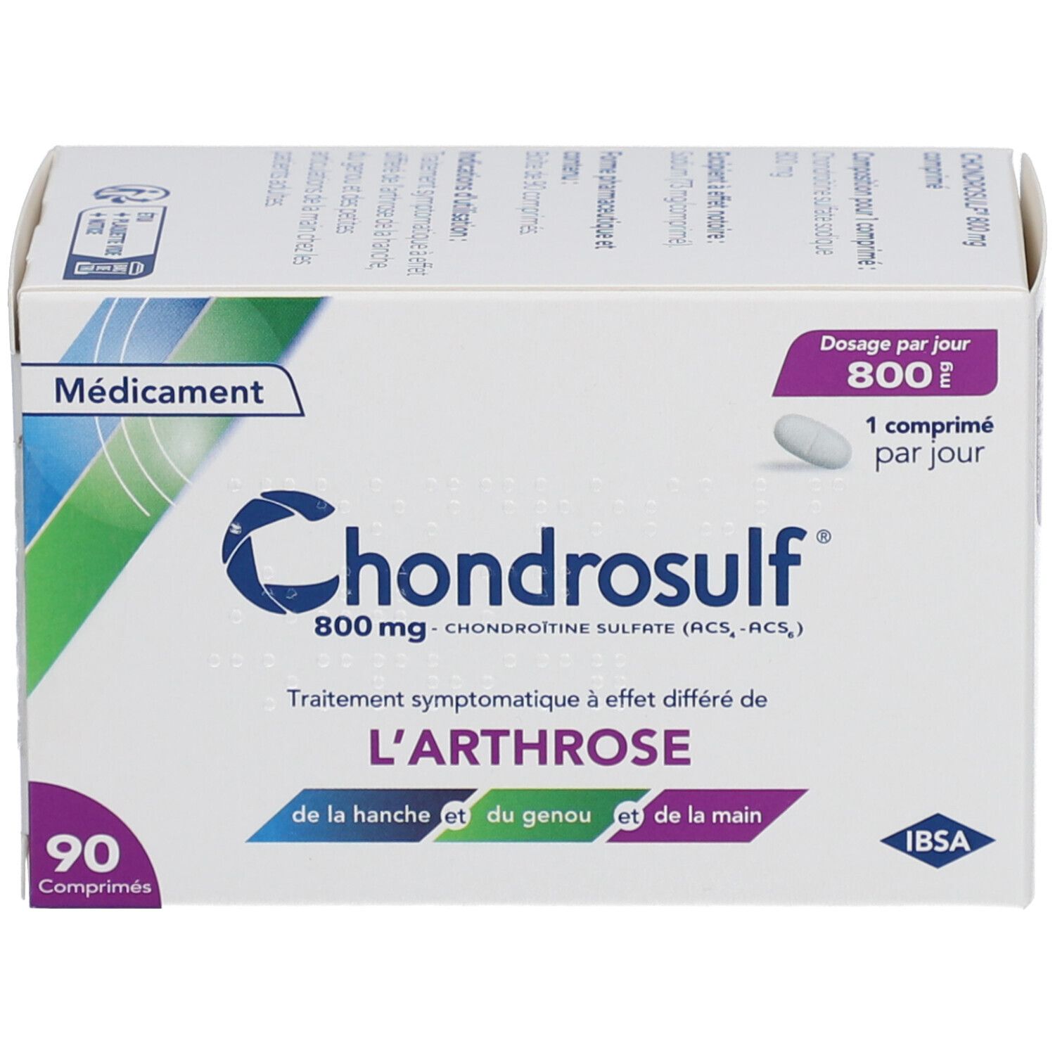 Boîte blanche Chondrosulf. 90 comprimés. Dosage: 1 comprimé par jour. Texte sur l'arthrose.