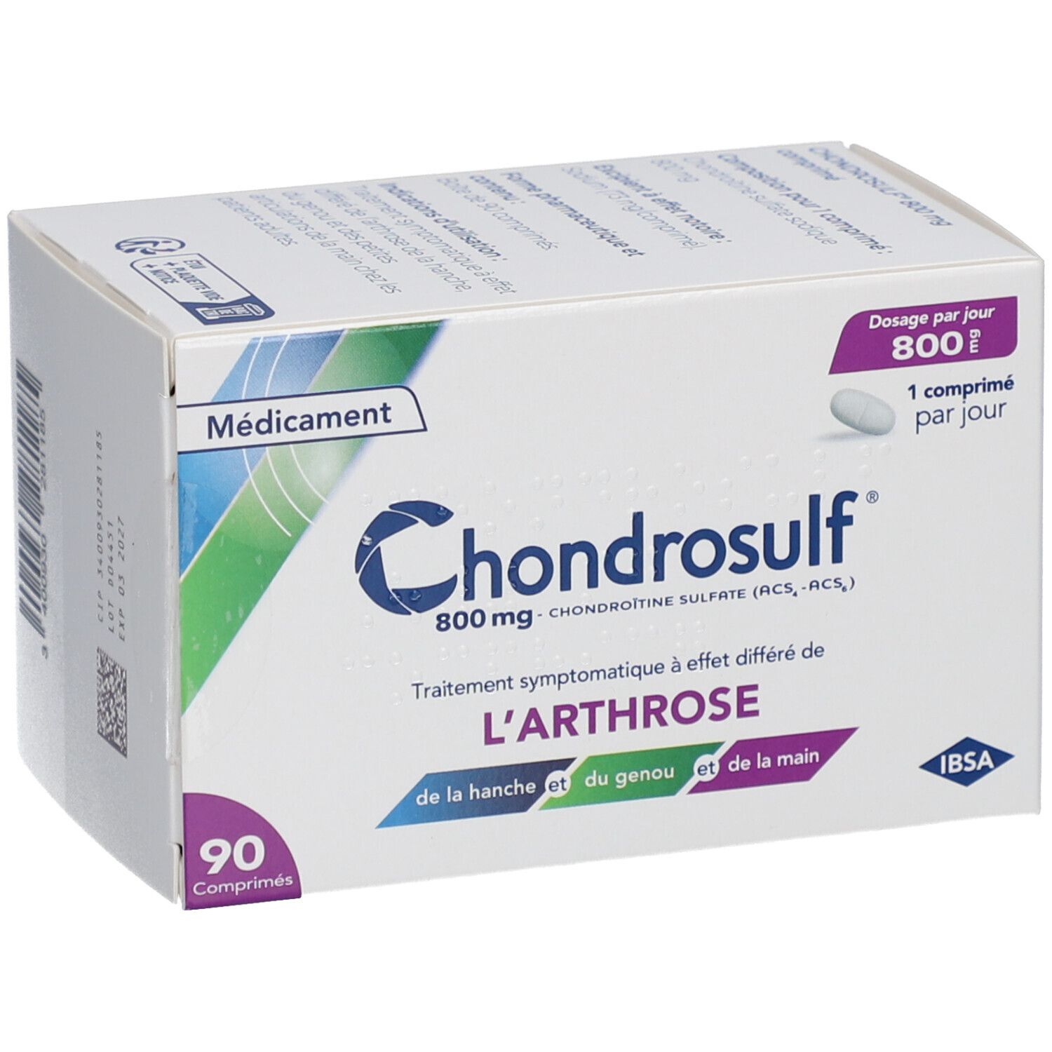 Boîte blanche Chondrosulf. 90 comprimés. Dosage: 1 comprimé par jour. Texte sur l'arthrose.
