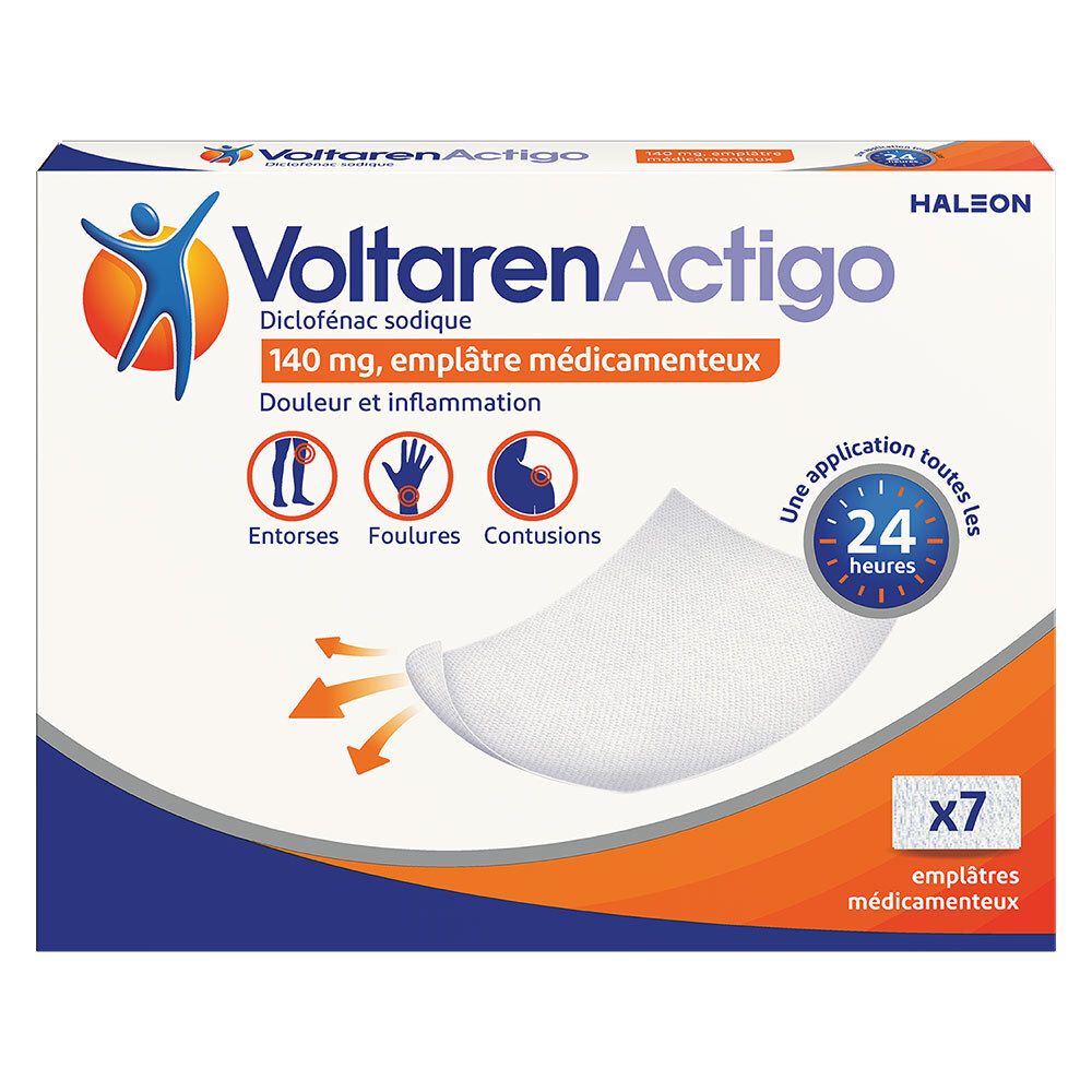 Boîte de VoltarenActigo, 7 emplâtres médicamenteux. Contient du diclofénac sodique. Indications: entorses, foulures, contusions.