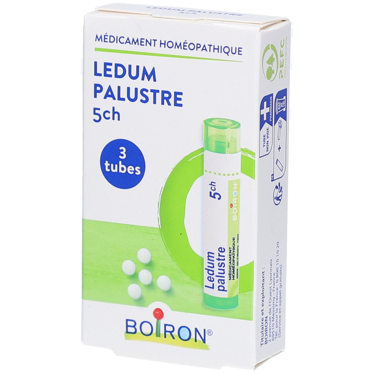 Boîte de LEDUM PALUSTRE 5ch, 3 tubes. Marque BOIRON. Vert et blanc. Médicament homéopathique.