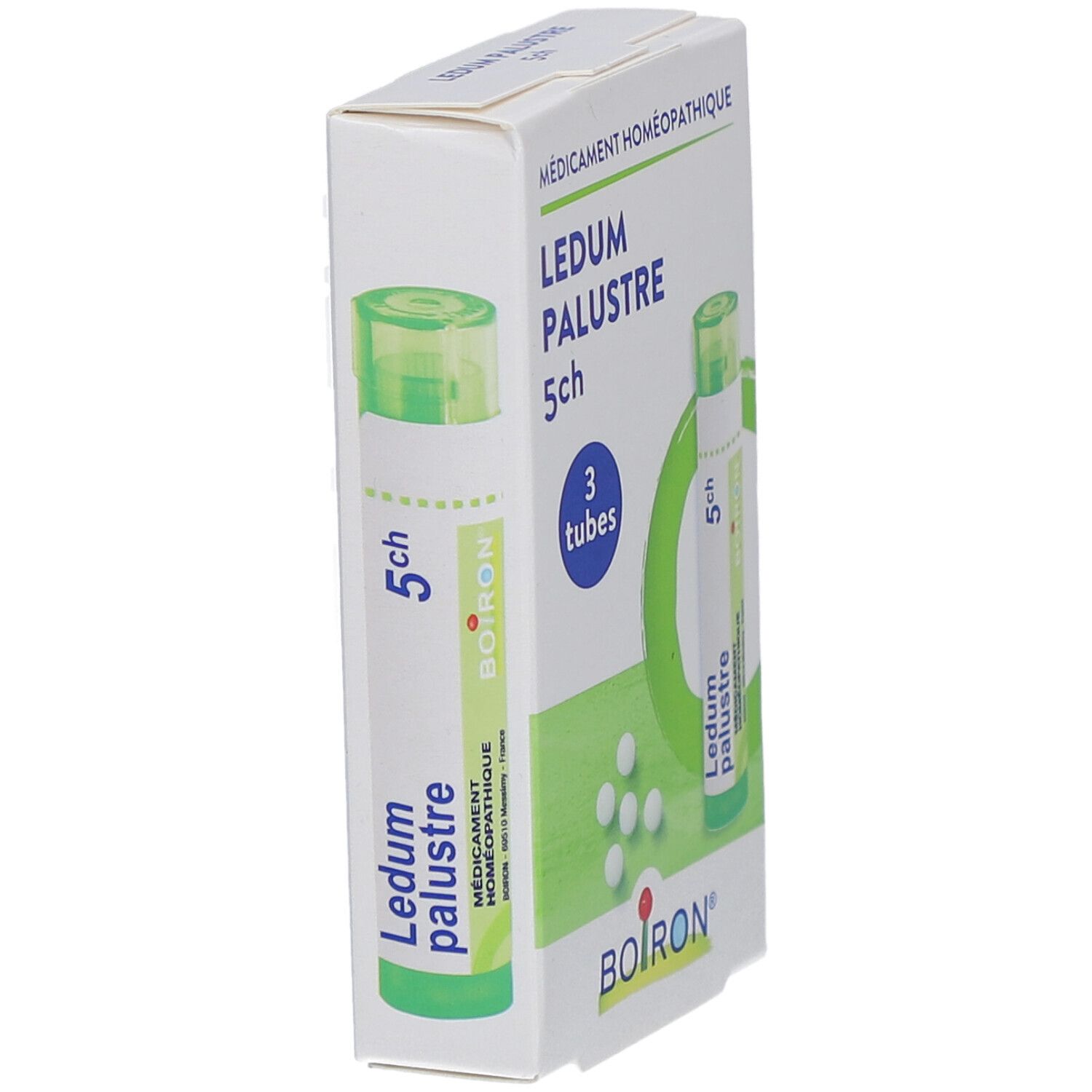 Vue en biais de la boîte de LEDUM PALUSTRE 5ch, 3 tubes. Marque BOIRON. Médicament homéopathique.