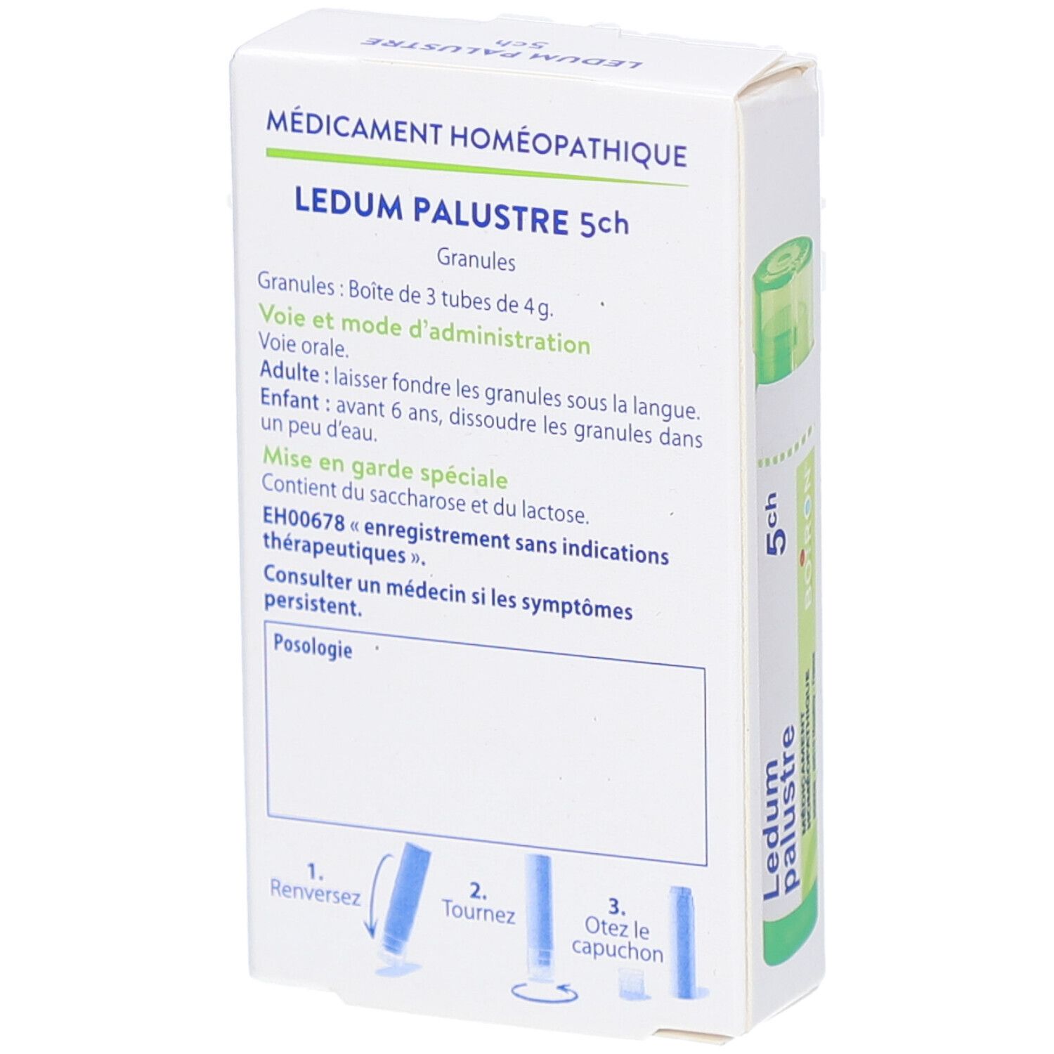 Dos de la boîte avec texte. Contient des informations sur LEDUM PALUSTRE 5ch, 3 tubes. Marque BOIRON.