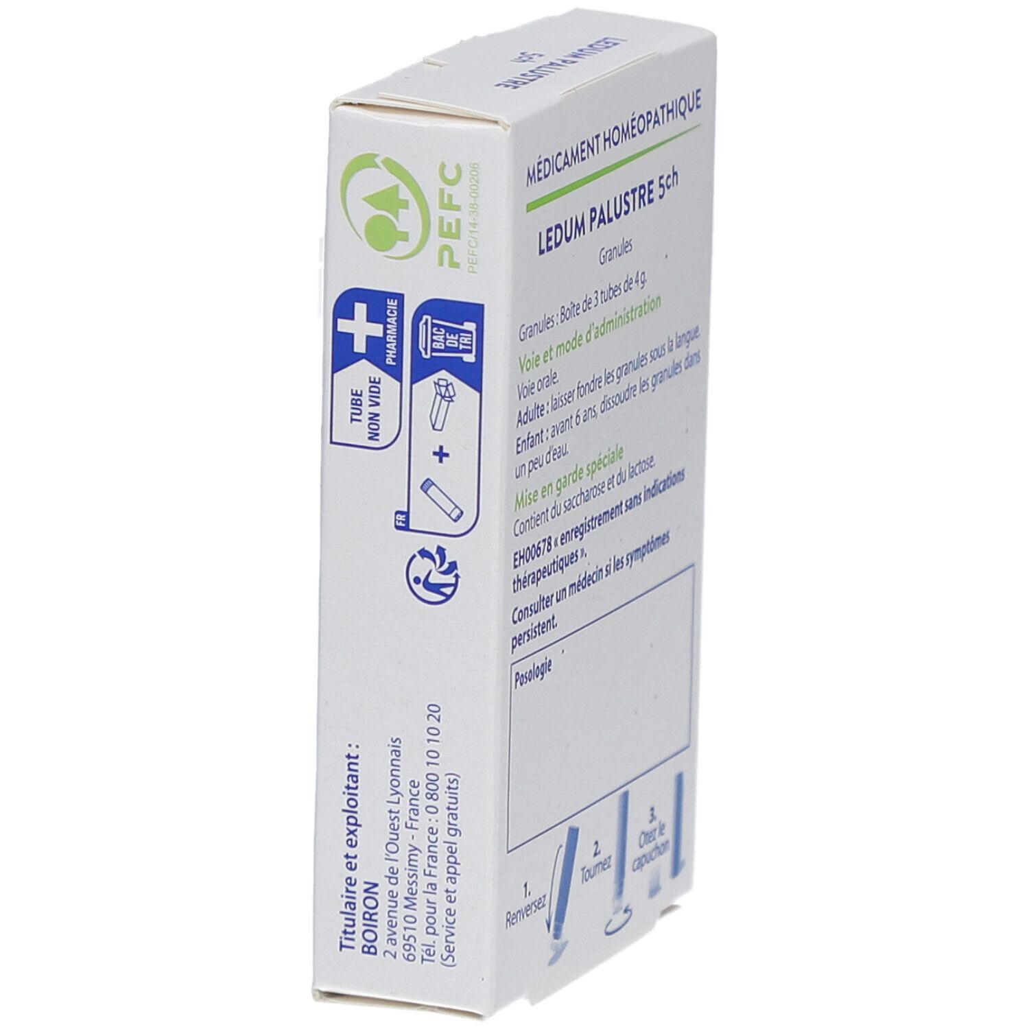 Vue latérale de la boîte avec texte. Contient des informations sur LEDUM PALUSTRE 5ch, 3 tubes. Marque BOIRON.
