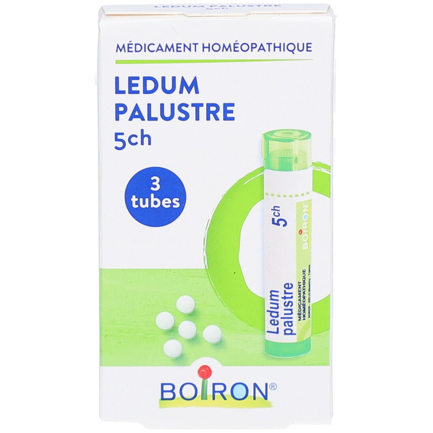 Boîte de LEDUM PALUSTRE 5ch, 3 tubes. Marque BOIRON. Vert et blanc. Médicament homéopathique.