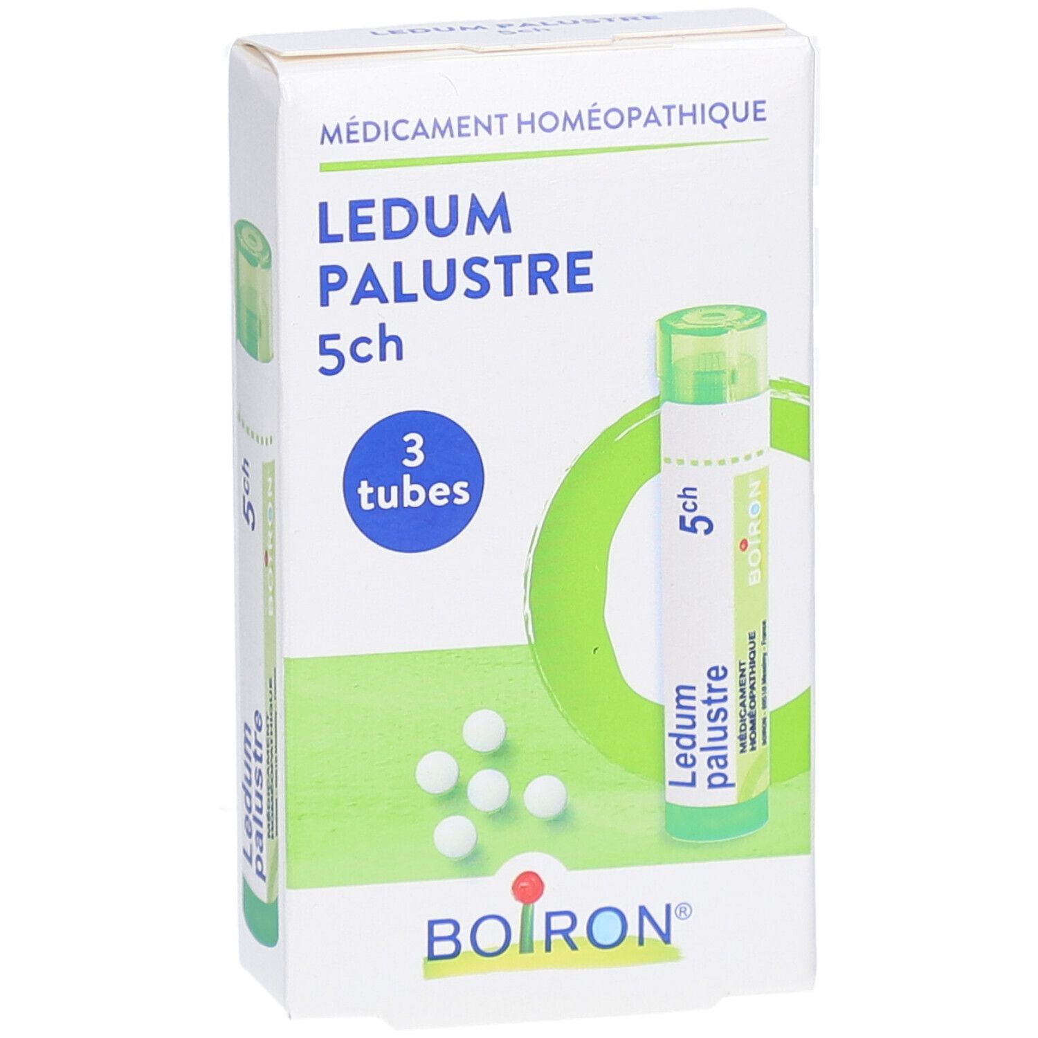 Boîte de LEDUM PALUSTRE 5ch, 3 tubes. Marque BOIRON. Vert et blanc. Médicament homéopathique.