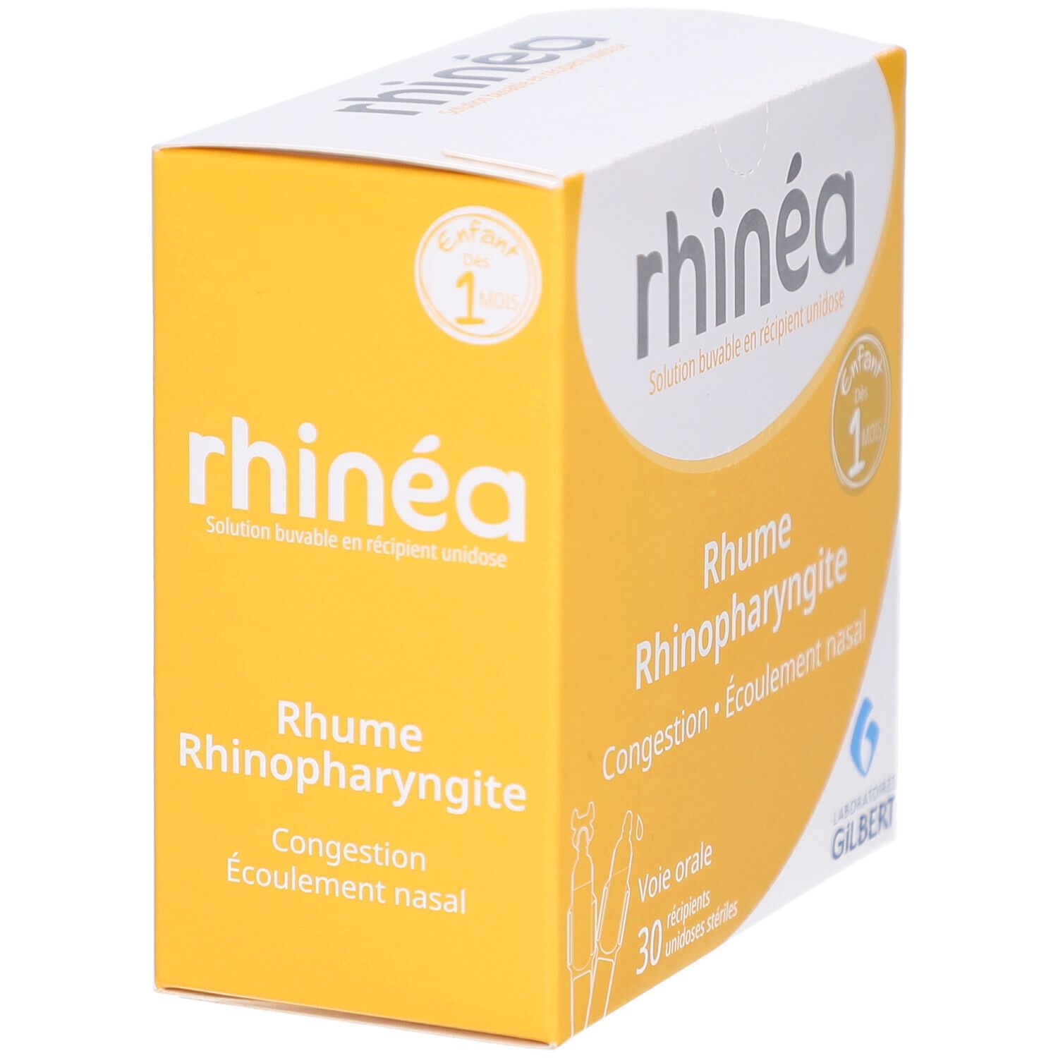 Boîte jaune et blanche, en biais. Nom du produit et texte. Contient 30 unidoses. Logo Laboratoires Gilbert.