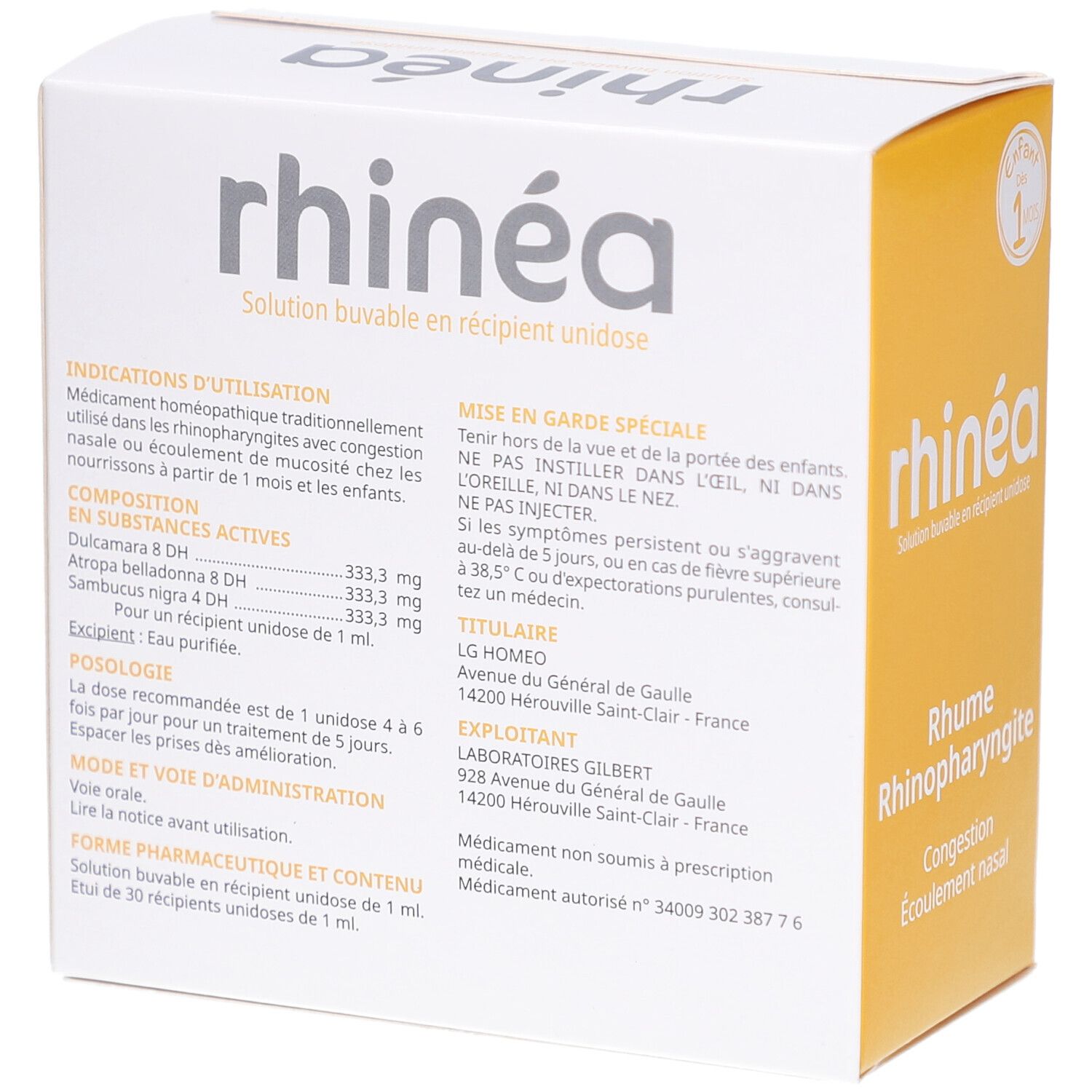 Boîte blanche et jaune avec texte. Contient des informations sur les ingrédients, la posologie et le fabricant. Logo Laboratoires Gilbert.