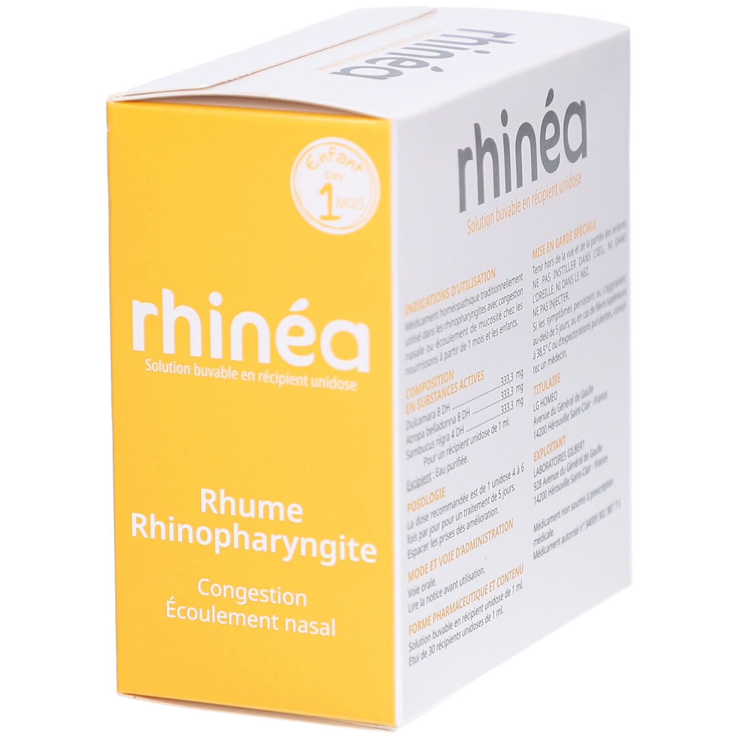 Boîte blanche et jaune, en biais. Texte sur l'emballage. Logo Laboratoires Gilbert. Contient des informations sur le produit.