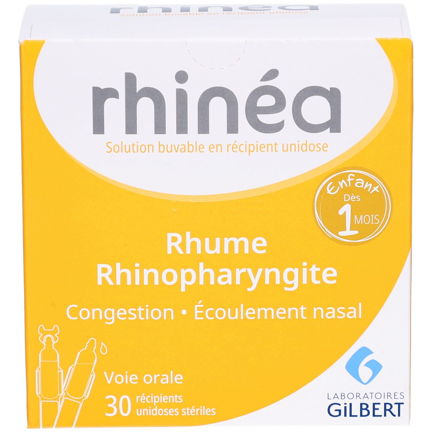 Boîte jaune et blanche avec nom du produit et texte. Contient 30 unidoses. Logo Laboratoires Gilbert.