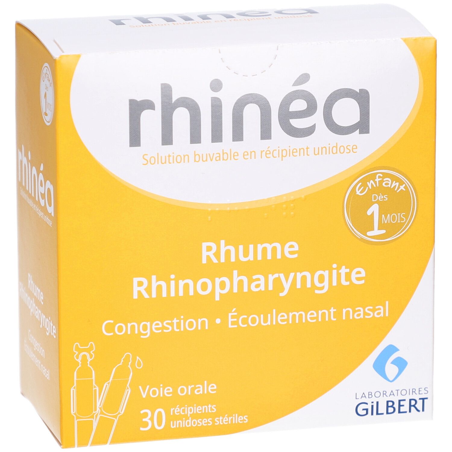 Boîte jaune et blanche avec nom du produit et texte. Contient 30 unidoses. Logo Laboratoires Gilbert.