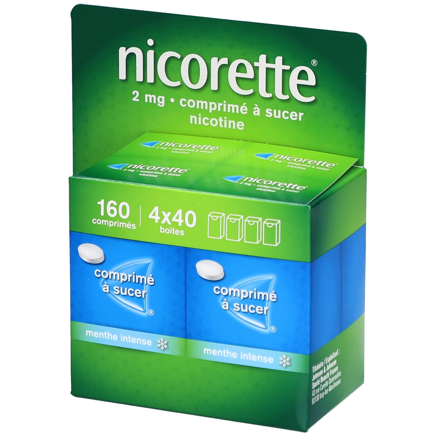 Boîte de Nicorette Comprimé à sucer, 160 comprimés. Emballage vert et bleu avec nom et détails du produit.
