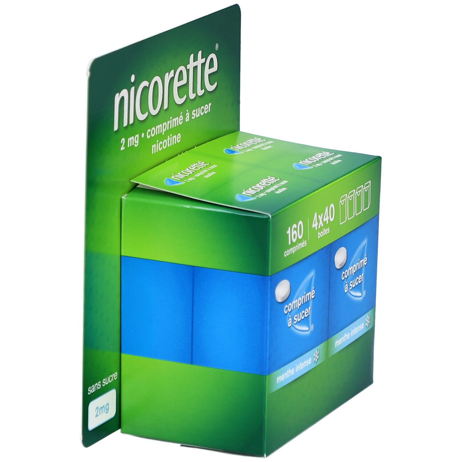 Nicorette Comprimé à sucer en boîte. Emballage vert et bleu avec nom et détails. 160 comprimés.