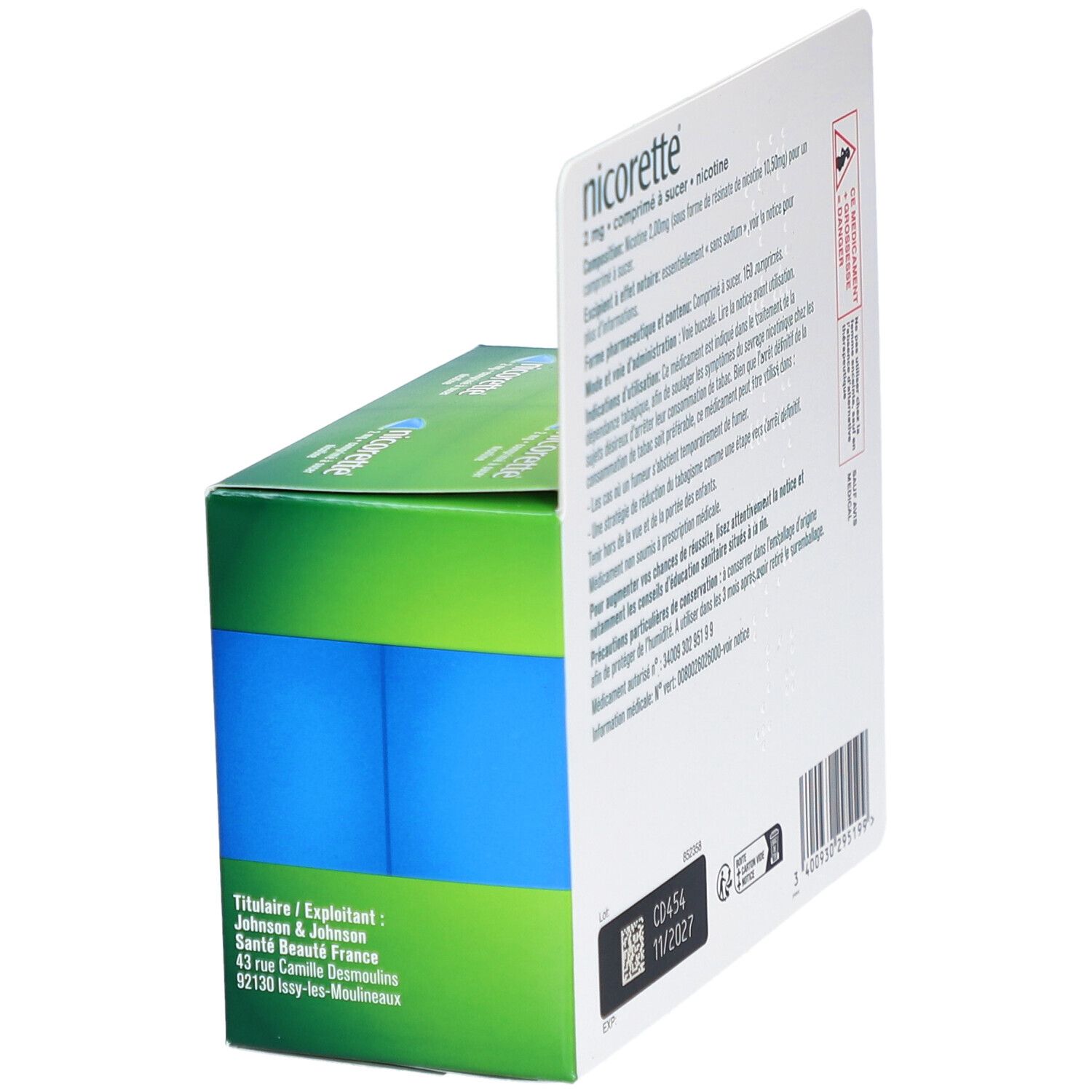 Emballage Nicorette Comprimé à sucer, dos visible. Texte et avertissements. Partiellement ouvert.