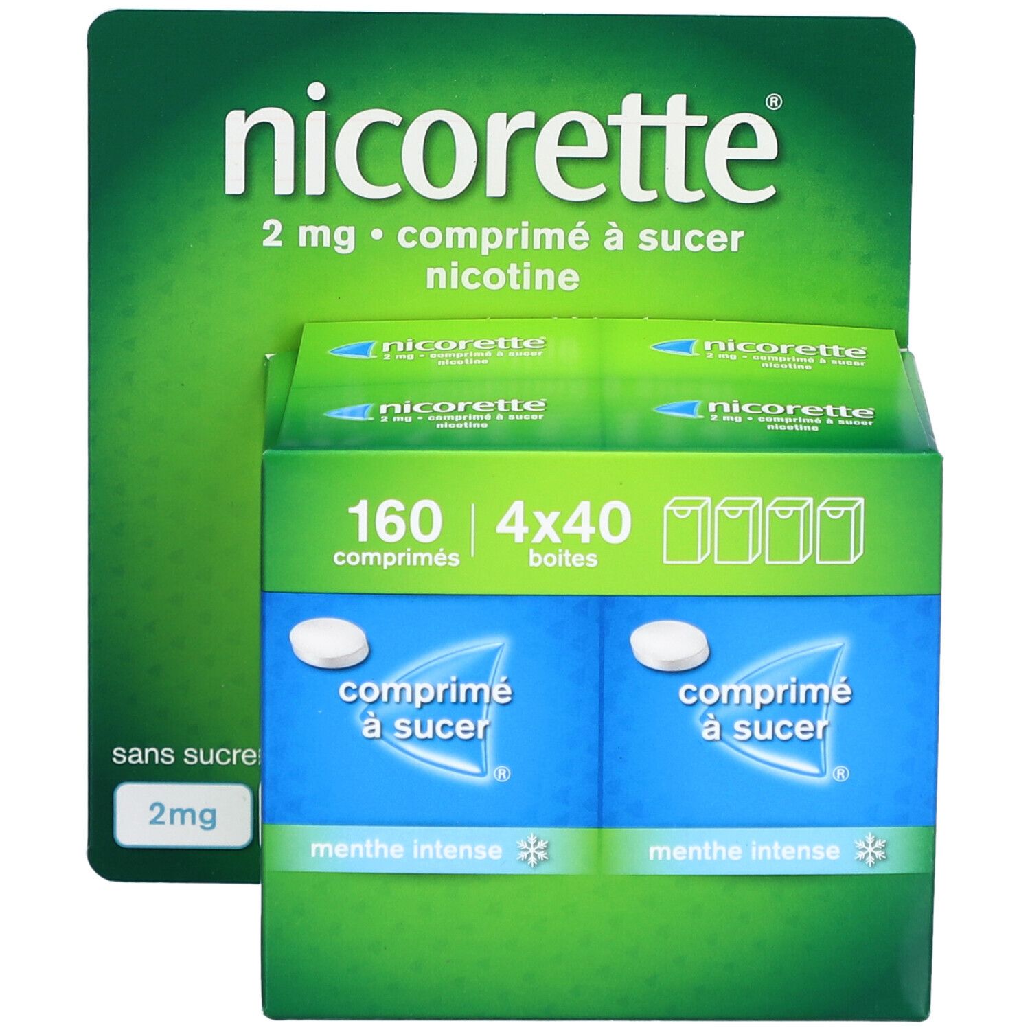 Nicorette Comprimé à sucer, 160 comprimés. Emballage vert et bleu avec nom et détails. Présentoir.