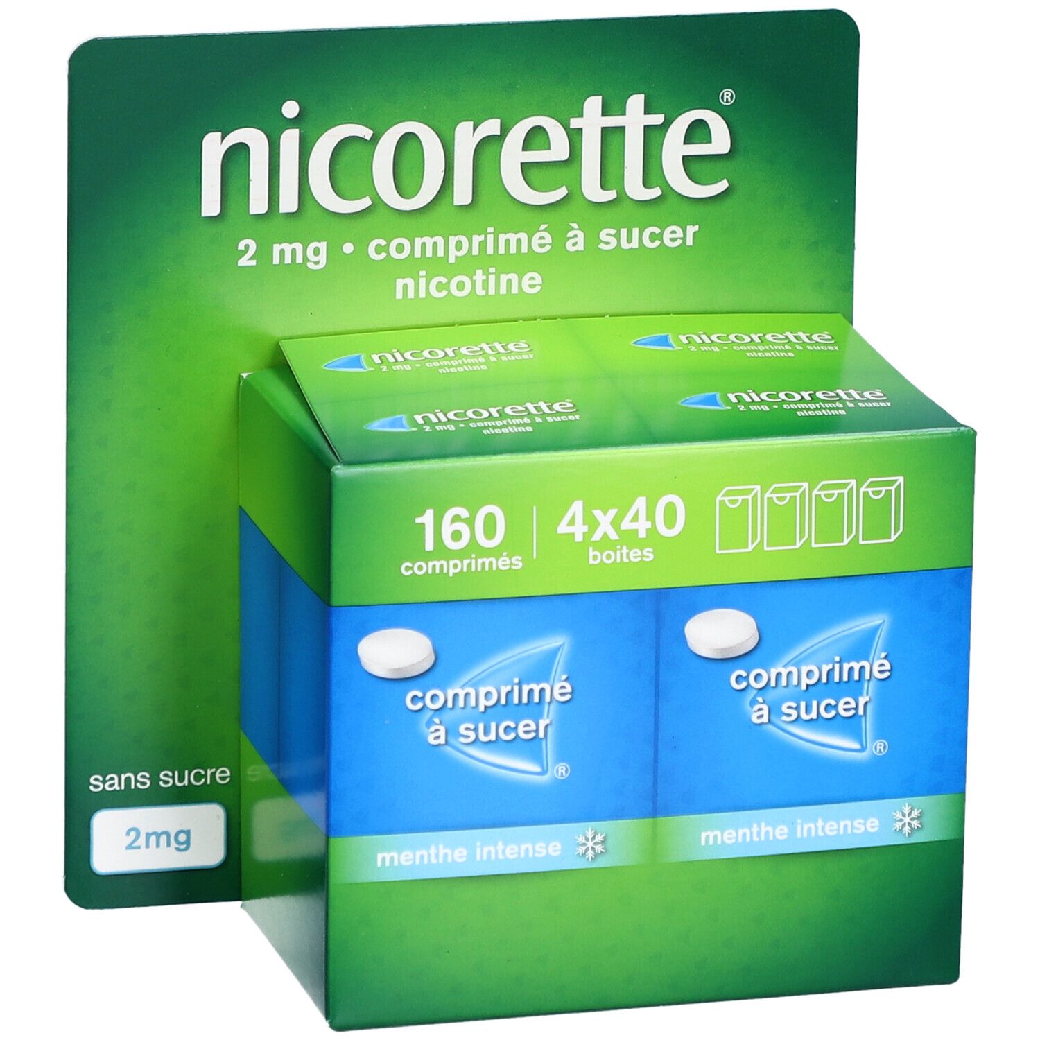 Nicorette Comprimé à sucer, 160 comprimés. Emballage vert et bleu avec nom et détails. Présentoir.