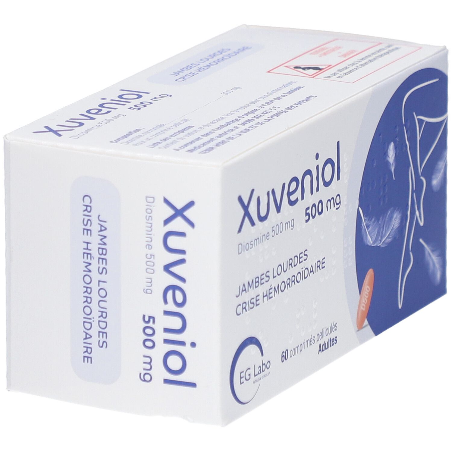 Boîte de XUVENIOL 500 mg. Inscription: Diosmine 500 mg, 60 comprimés. Illustration: jambes et plumes.