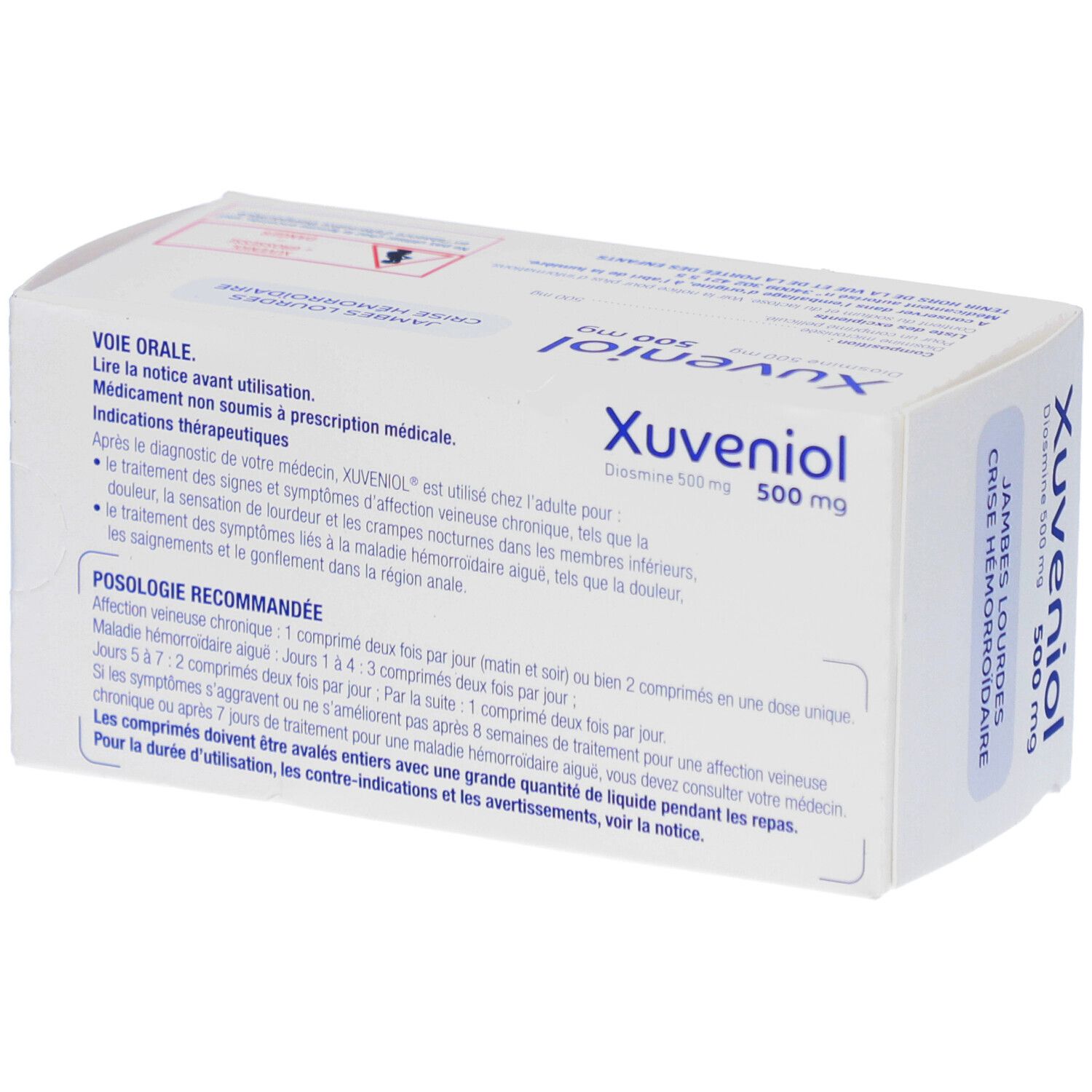 Boîte de XUVENIOL 500 mg. Inscription: Diosmine 500 mg, 60 comprimés. Texte sur l'utilisation.