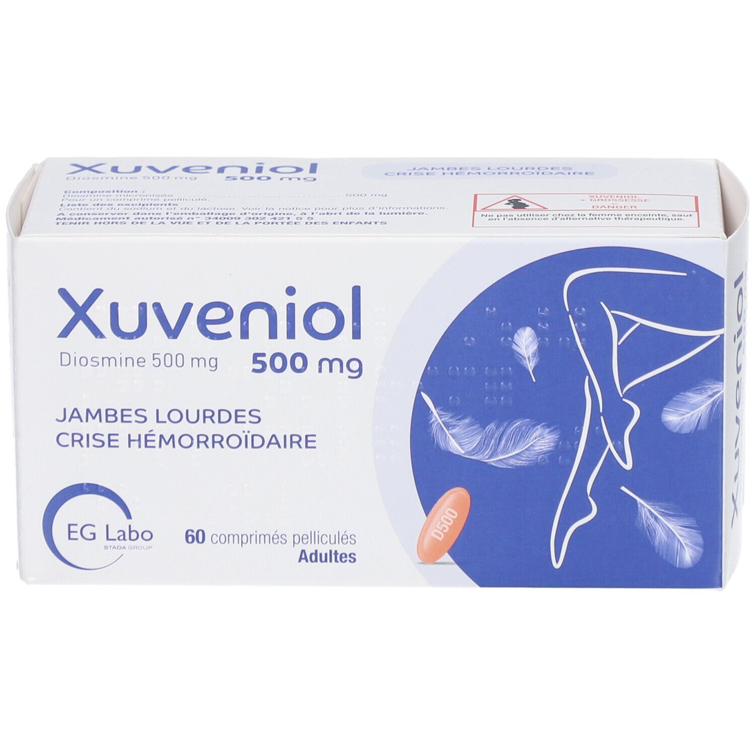 Boîte de XUVENIOL 500 mg. Inscription: Diosmine 500 mg, 60 comprimés. Illustration: jambes et plumes.
