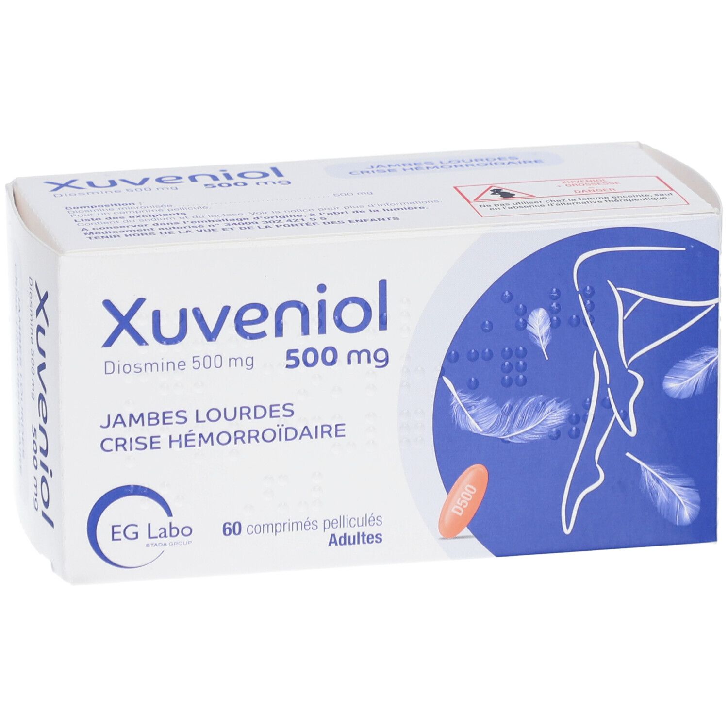 Boîte de XUVENIOL 500 mg. Inscription: Diosmine 500 mg, 60 comprimés. Illustration: jambes et plumes.