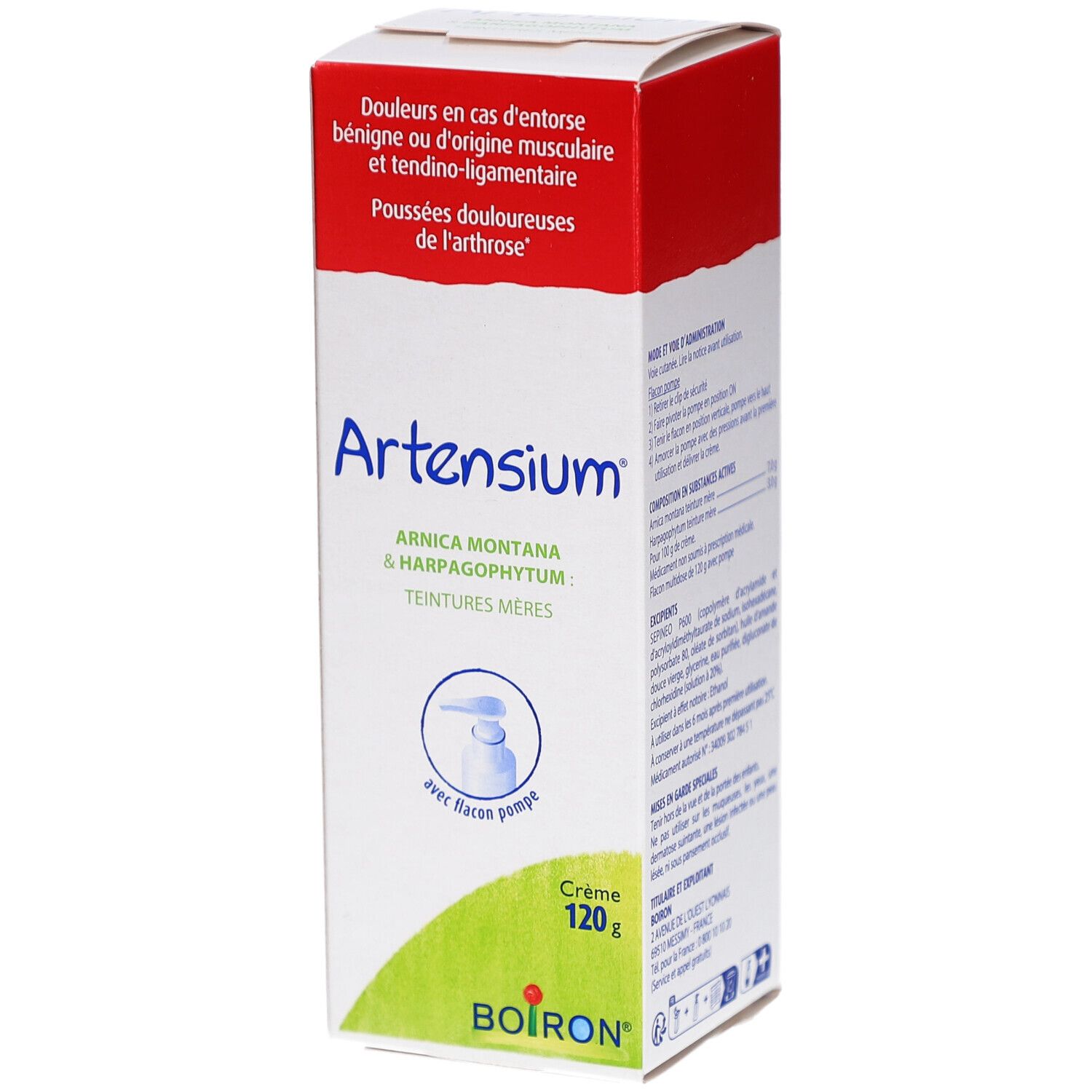 Boîte ARTENSIUM crème 120g. Couvercle rouge, corps blanc. Ingrédients: Arnica montana & Harpagophytum. Avec flacon pompe.