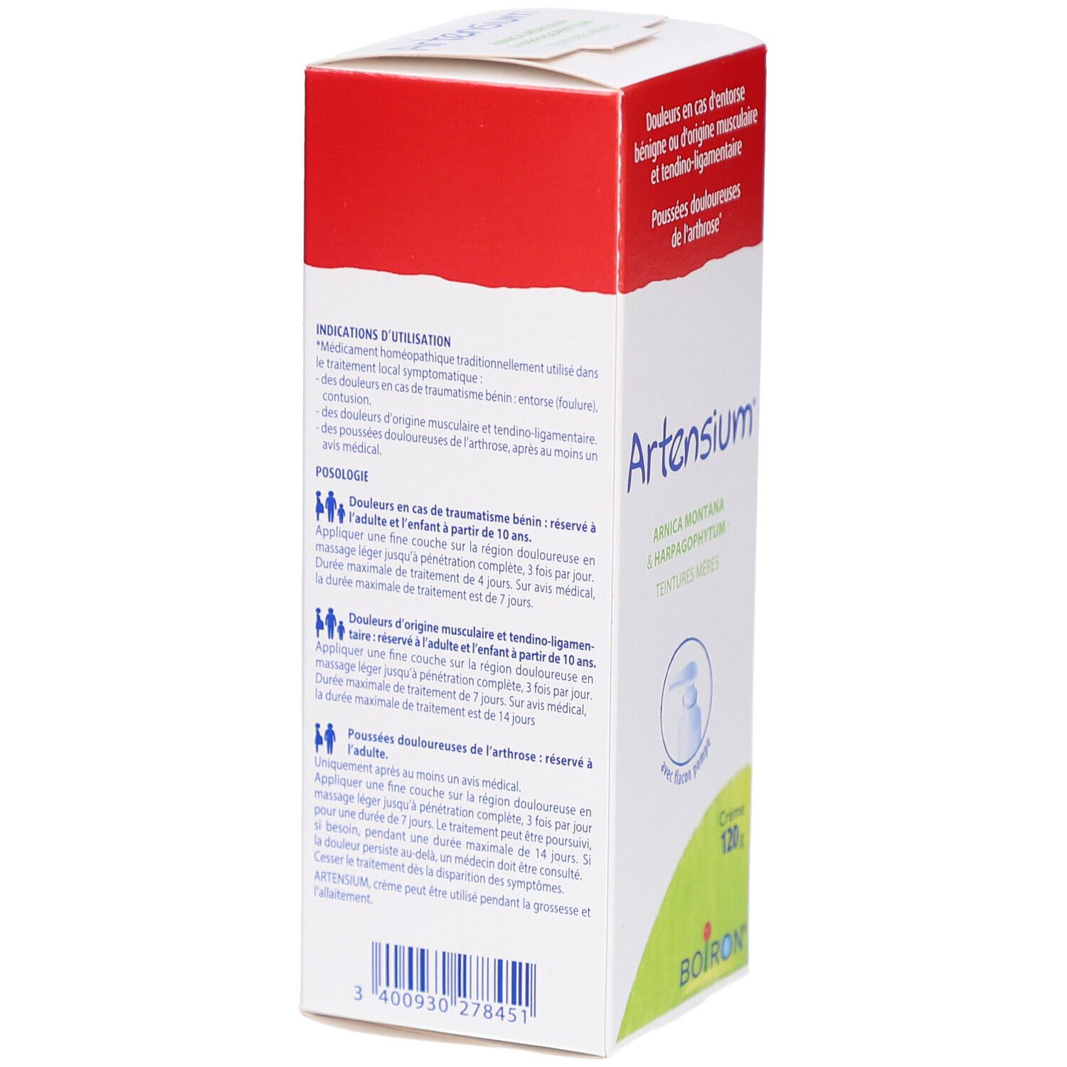 Dos de la boîte ARTENSIUM. Texte: Indications, posologie. Contient Arnica montana & Harpagophytum. Boiron, 120g.
