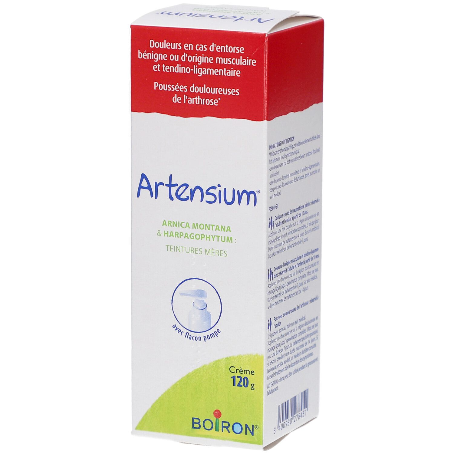 Boîte ARTENSIUM crème 120g. Couvercle rouge, corps blanc. Ingrédients: Arnica montana & Harpagophytum. Avec flacon pompe.