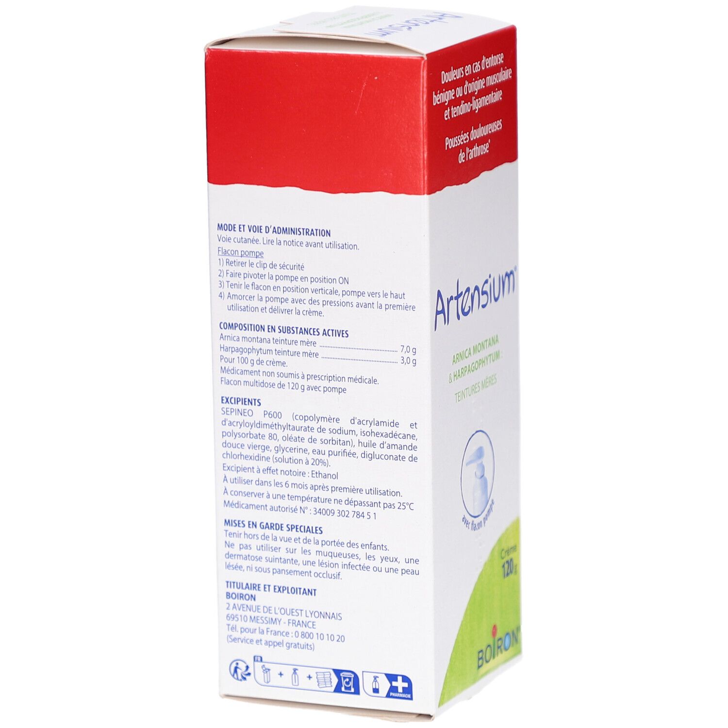 Dos de la boîte ARTENSIUM. Texte: Mode d'emploi, composition, ingrédients. Flacon 120g. Boiron.