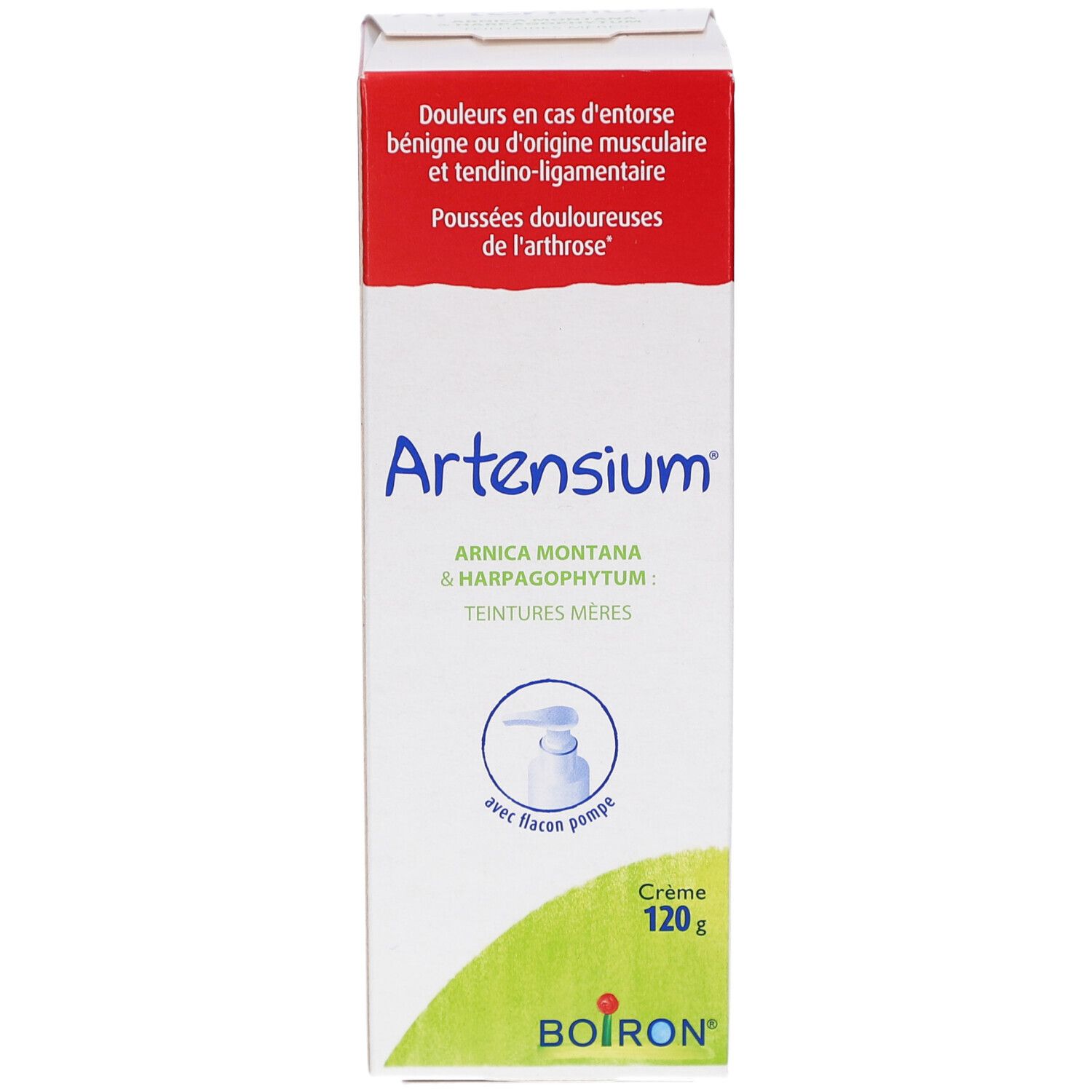 Boîte ARTENSIUM crème 120g. Couvercle rouge, corps blanc. Ingrédients: Arnica montana & Harpagophytum. Avec flacon pompe.