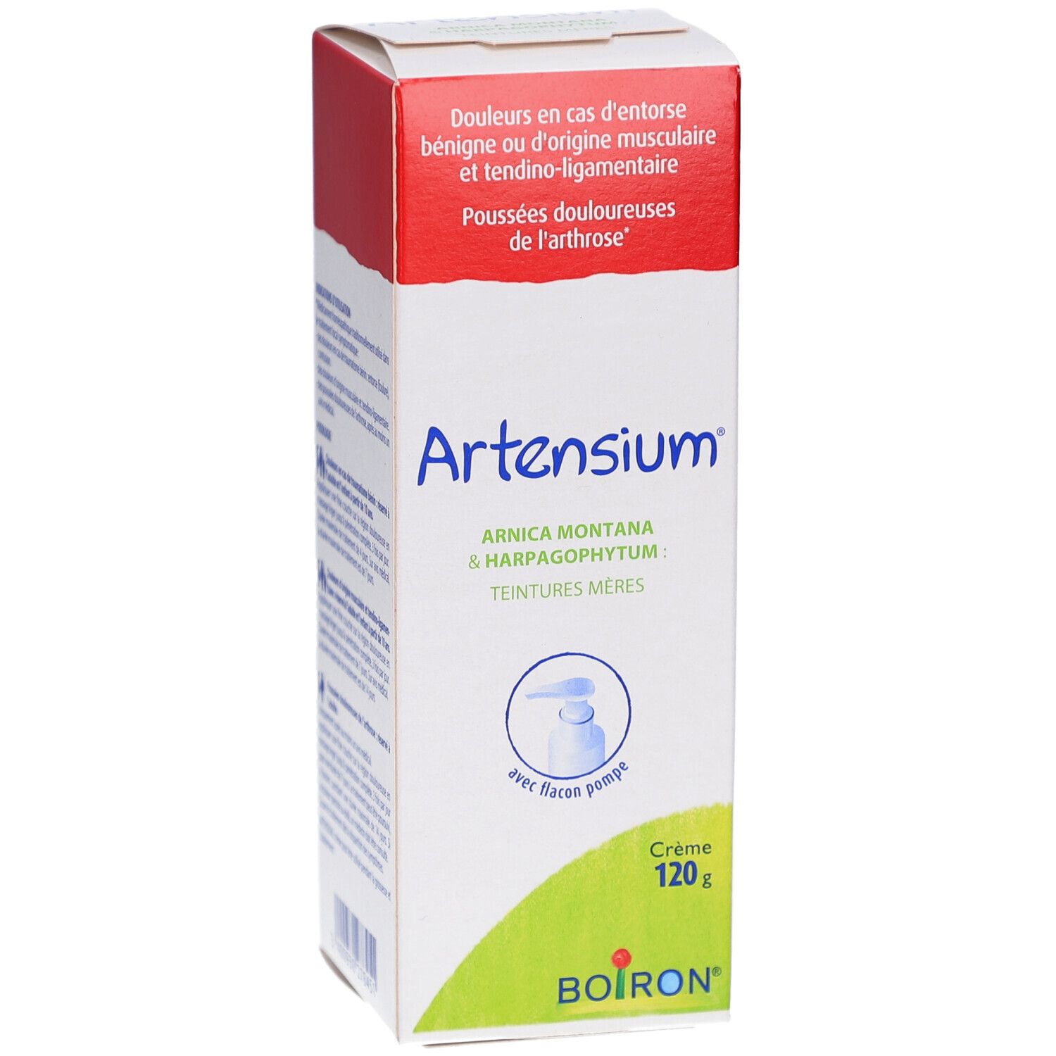 Boîte ARTENSIUM crème 120g. Couvercle rouge, corps blanc. Ingrédients: Arnica montana & Harpagophytum. Avec flacon pompe.