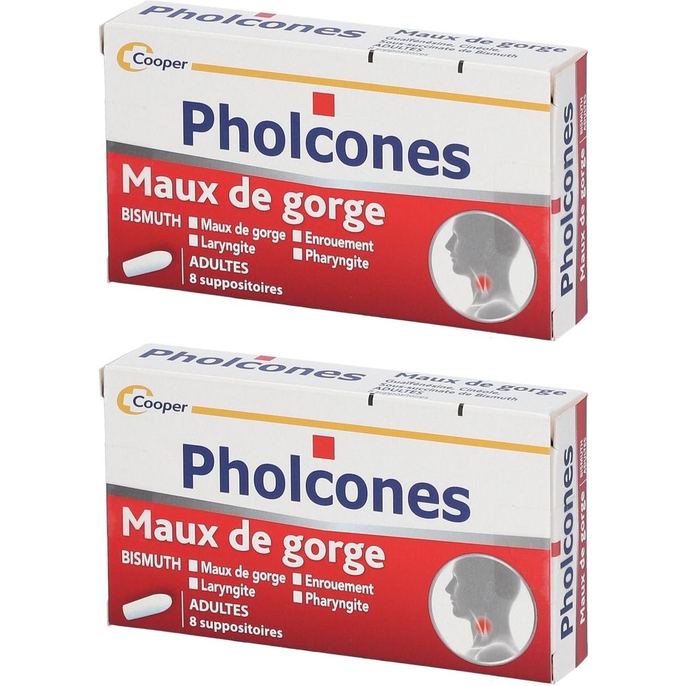 Deux boîtes de suppositoires "Pholcones". Inscription "Maux de gorge" (maux de gorge), "Adultes" (adultes), 8 suppositoires.