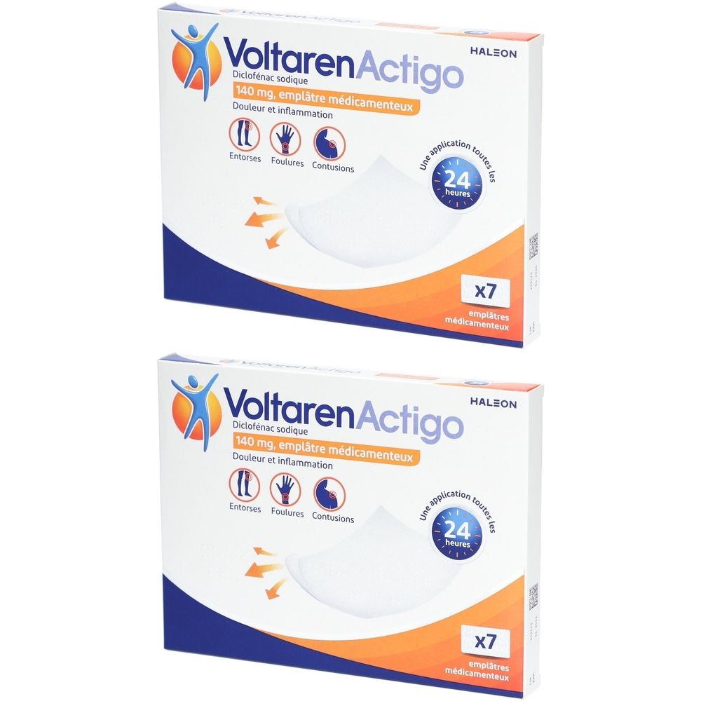 Deux boîtes de patchs Voltaren Actigo. Inscription : 140 mg, pour la douleur et l'inflammation. Contient 7 patchs.