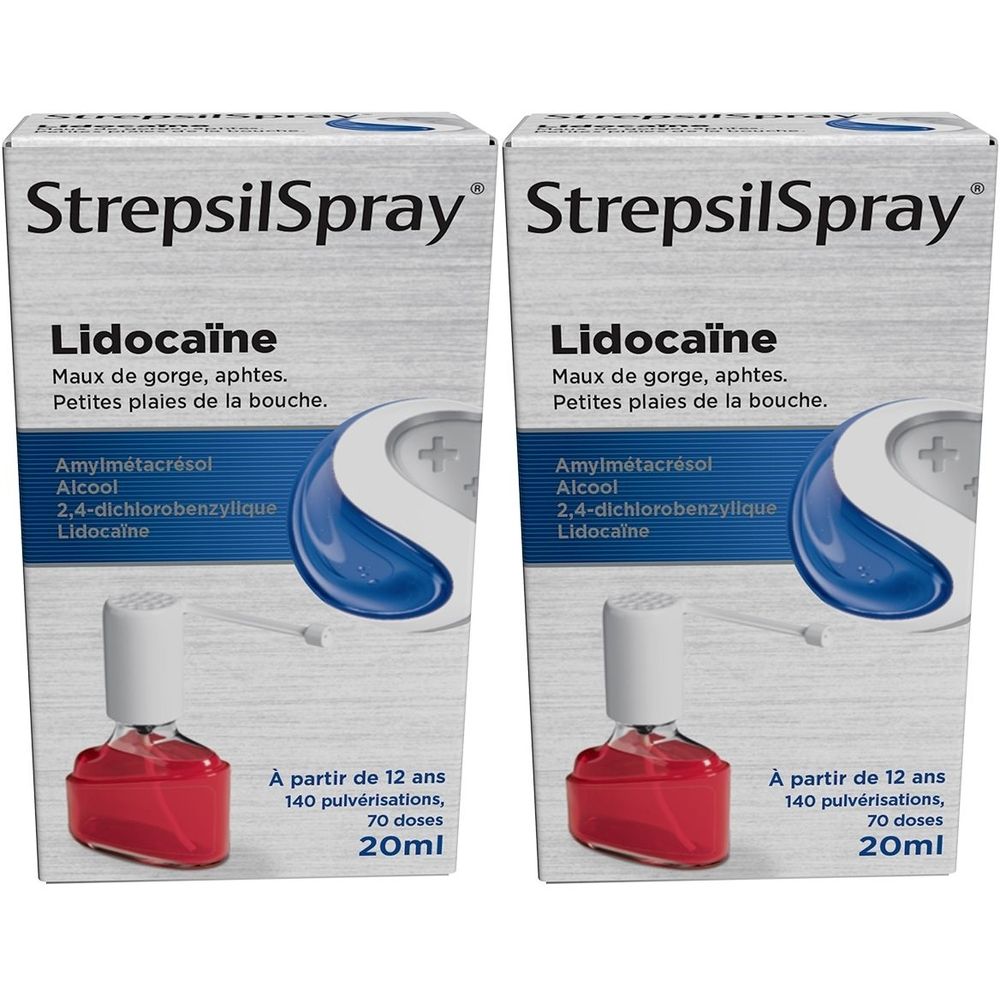 Deux boîtes de Strepsils Spray Lidocaïne. Inscription: Maux de gorge, aphtes. Flacon de liquide rouge avec pulvérisateur.