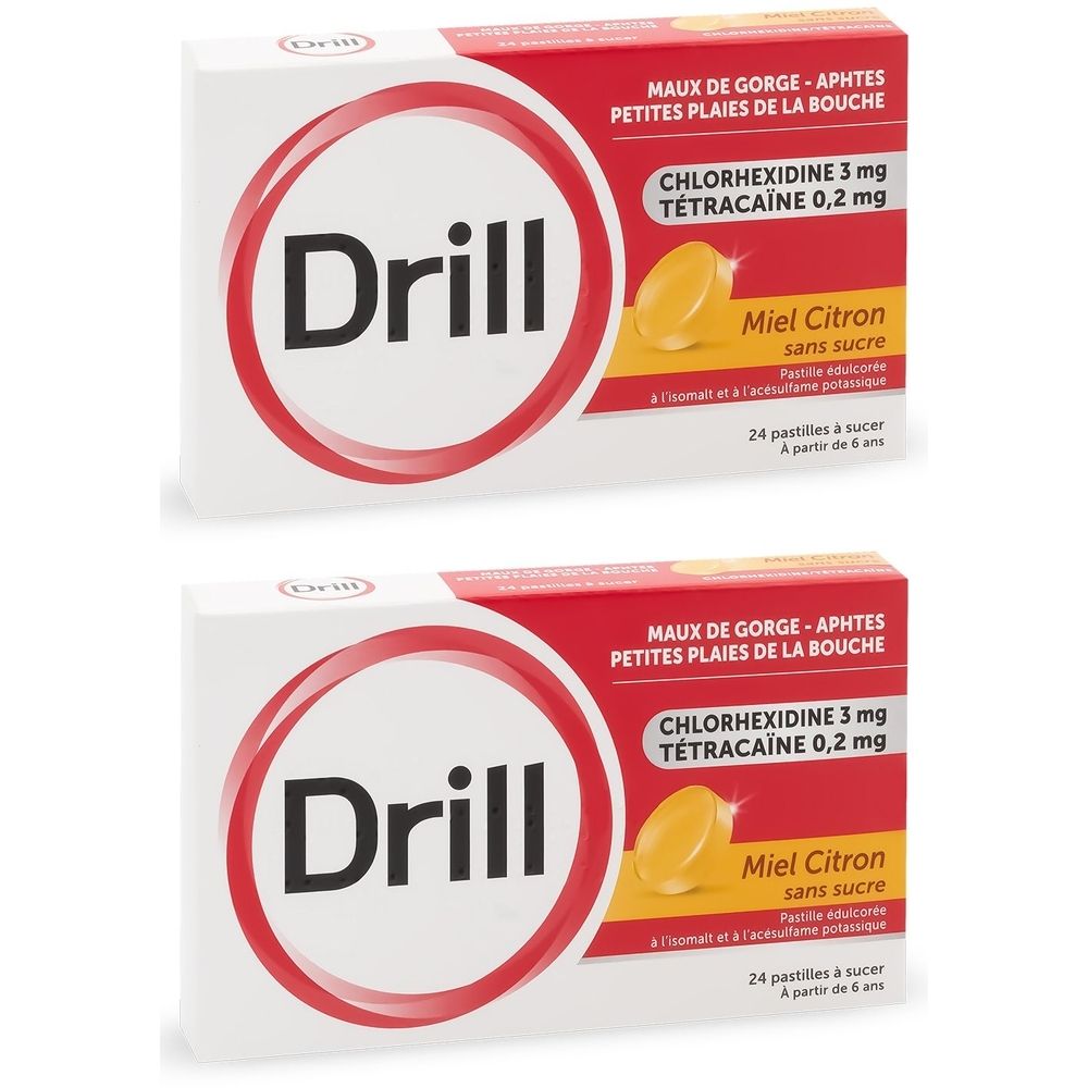 Deux boîtes de Drill. Inscription: Maux de gorge, Chlorhexidine, Tétracaïne, Miel Citron sans sucre. 24 pastilles.
